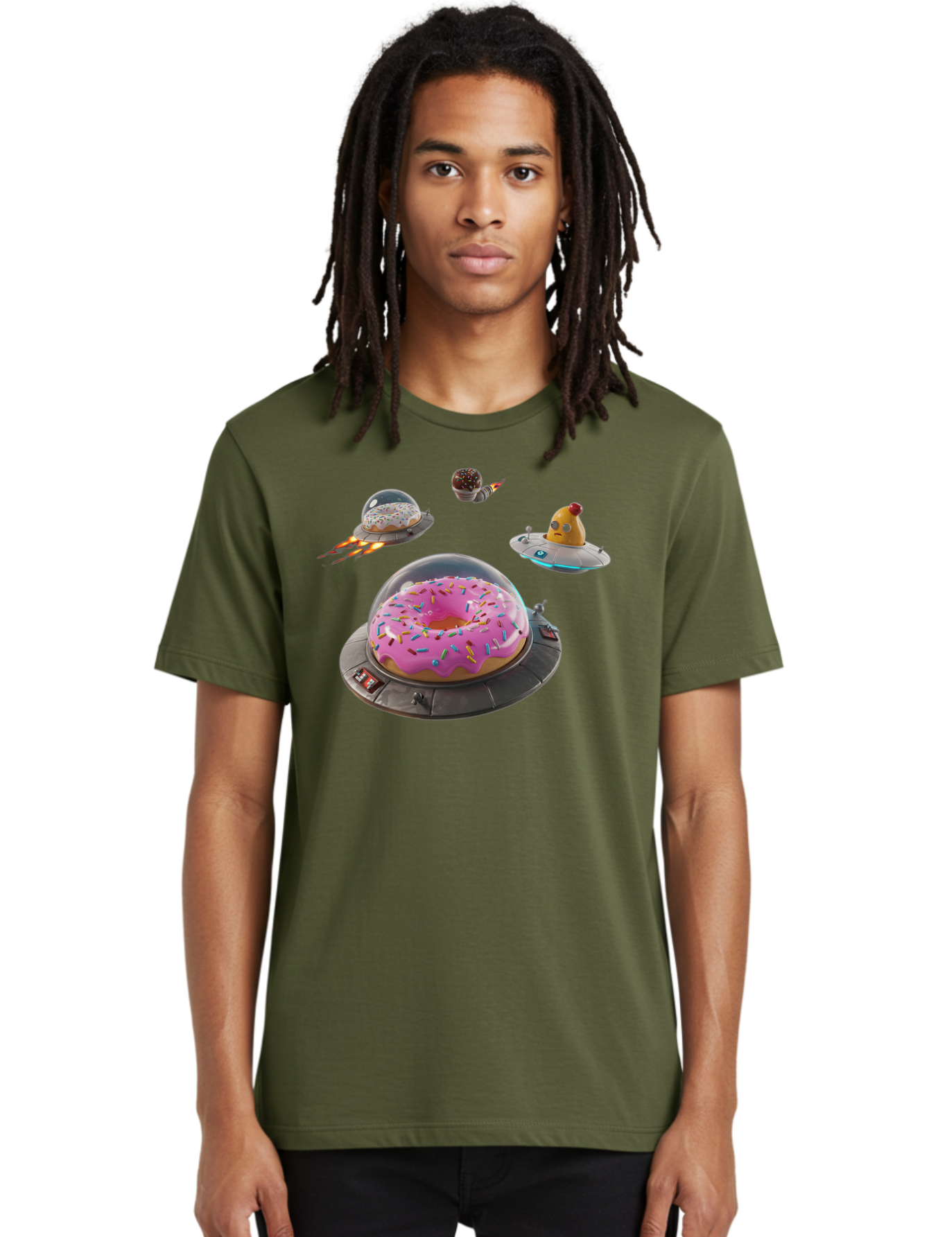 Donuts-In-Ufos Men'S Graphic Tee, 100% Cotton, Comfortable Casual Summer Wear, Machine Washable, Donuts In Ufos, Pink Frosted Donut, Sprinkles, Cupcakes, Ufos, Flying Saucers, Desserts, Sweet Treats, Futuristic, Colorful, Whimsical, Bab878
