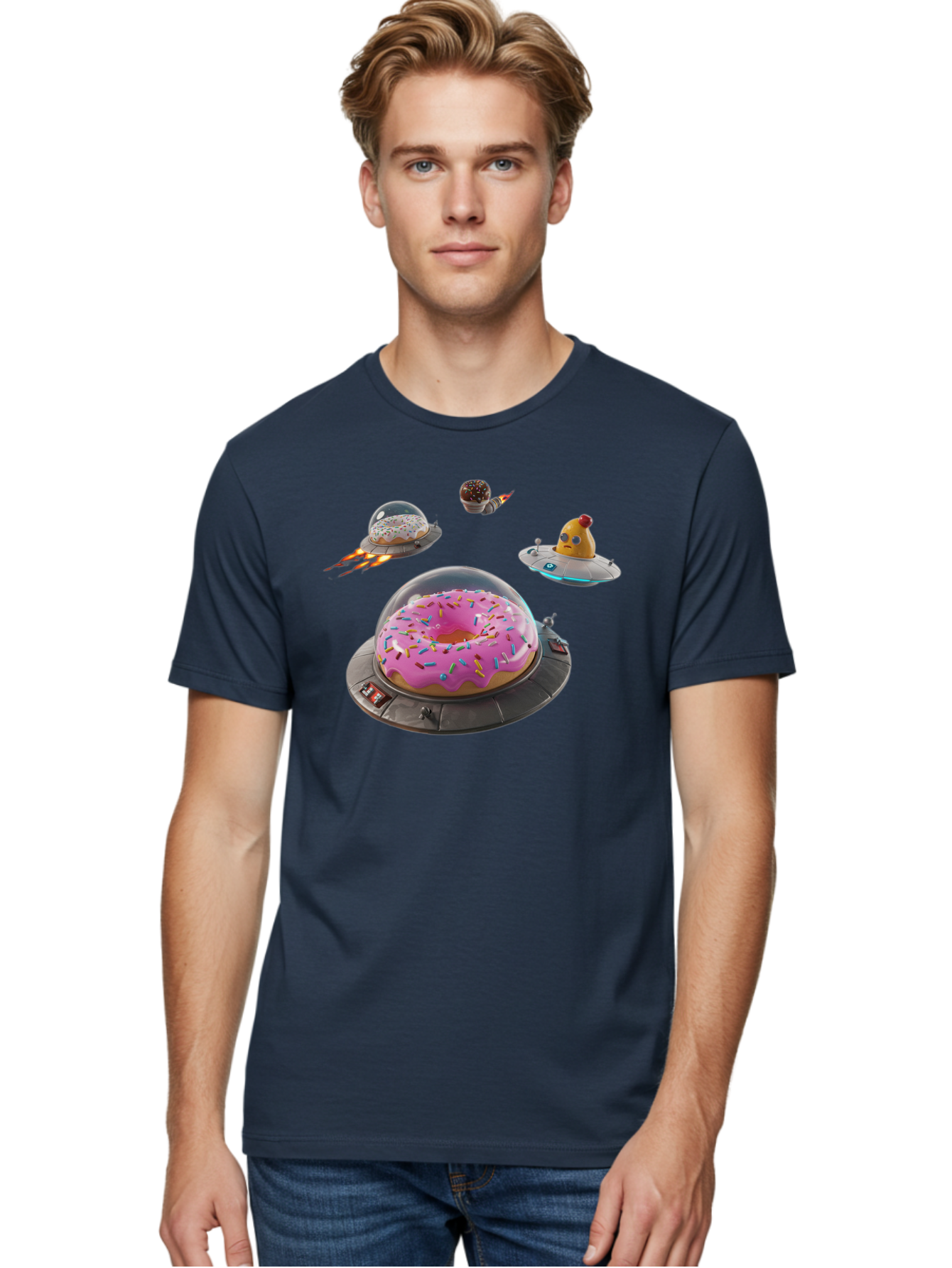 Donuts-In-Ufos Men'S Graphic Tee, 100% Cotton, Comfortable Casual Summer Wear, Machine Washable, Donuts In Ufos, Pink Frosted Donut, Sprinkles, Cupcakes, Ufos, Flying Saucers, Desserts, Sweet Treats, Futuristic, Colorful, Whimsical, Bab878