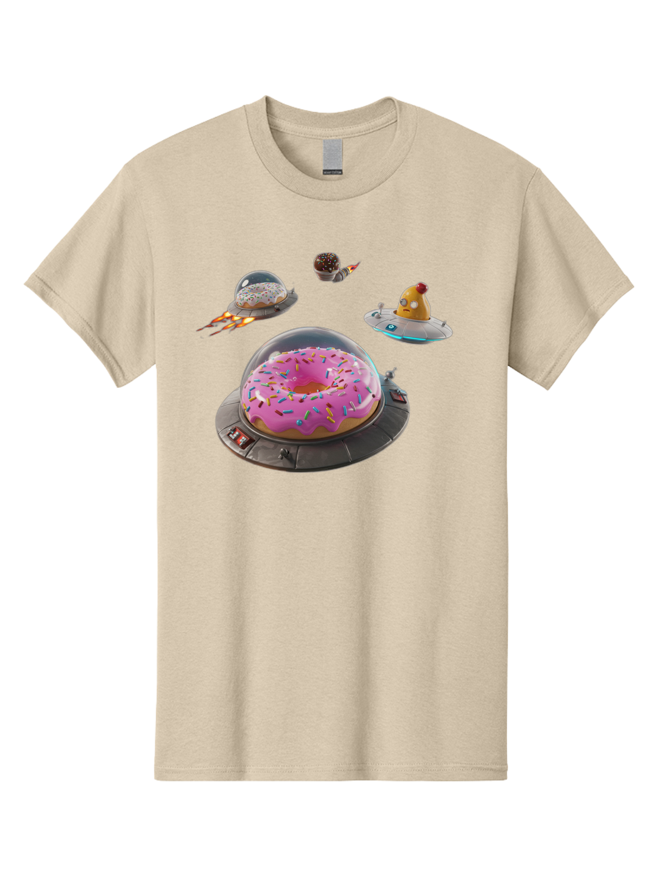 Donuts-In-Ufos Men'S Graphic Tee, 100% Cotton, Comfortable Casual Summer Wear, Machine Washable, Donuts In Ufos, Pink Frosted Donut, Sprinkles, Cupcakes, Ufos, Flying Saucers, Desserts, Sweet Treats, Futuristic, Colorful, Whimsical, Bab878