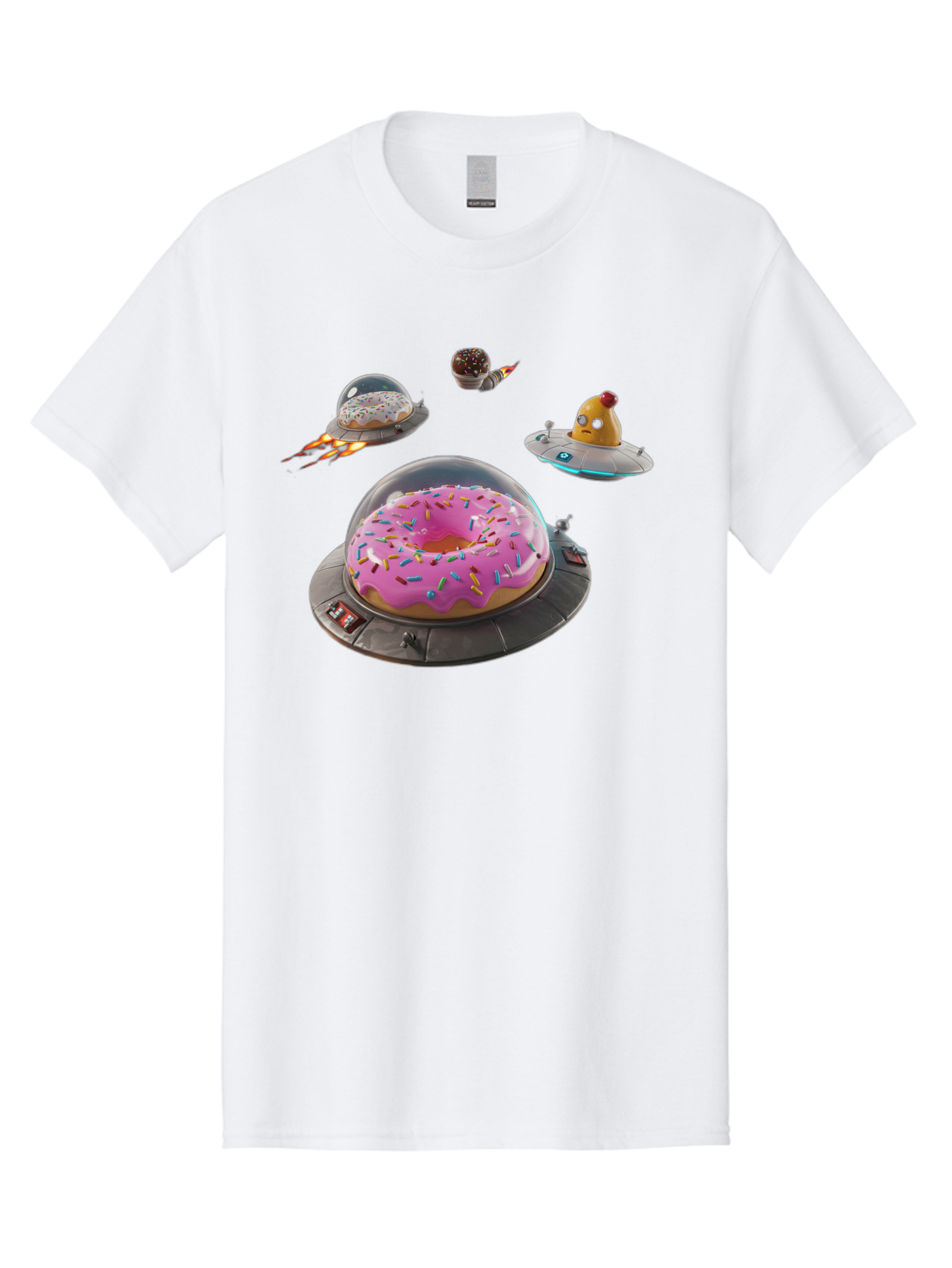 Donuts-In-Ufos Men'S Graphic Tee, 100% Cotton, Comfortable Casual Summer Wear, Machine Washable, Donuts In Ufos, Pink Frosted Donut, Sprinkles, Cupcakes, Ufos, Flying Saucers, Desserts, Sweet Treats, Futuristic, Colorful, Whimsical, Bab878