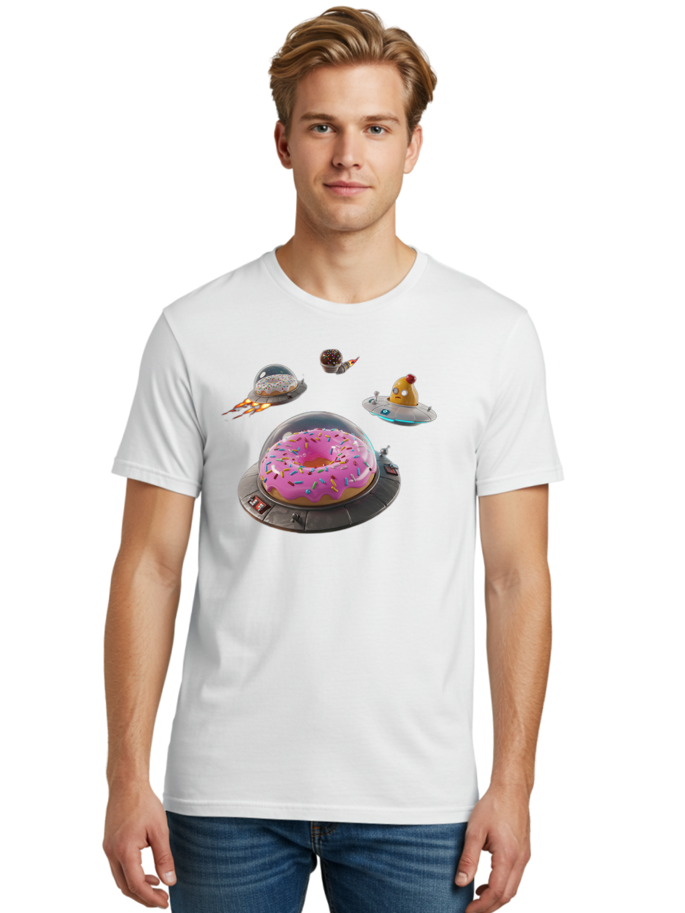Donuts-In-Ufos Men'S Graphic Tee, 100% Cotton, Comfortable Casual Summer Wear, Machine Washable, Donuts In Ufos, Pink Frosted Donut, Sprinkles, Cupcakes, Ufos, Flying Saucers, Desserts, Sweet Treats, Futuristic, Colorful, Whimsical, Bab878