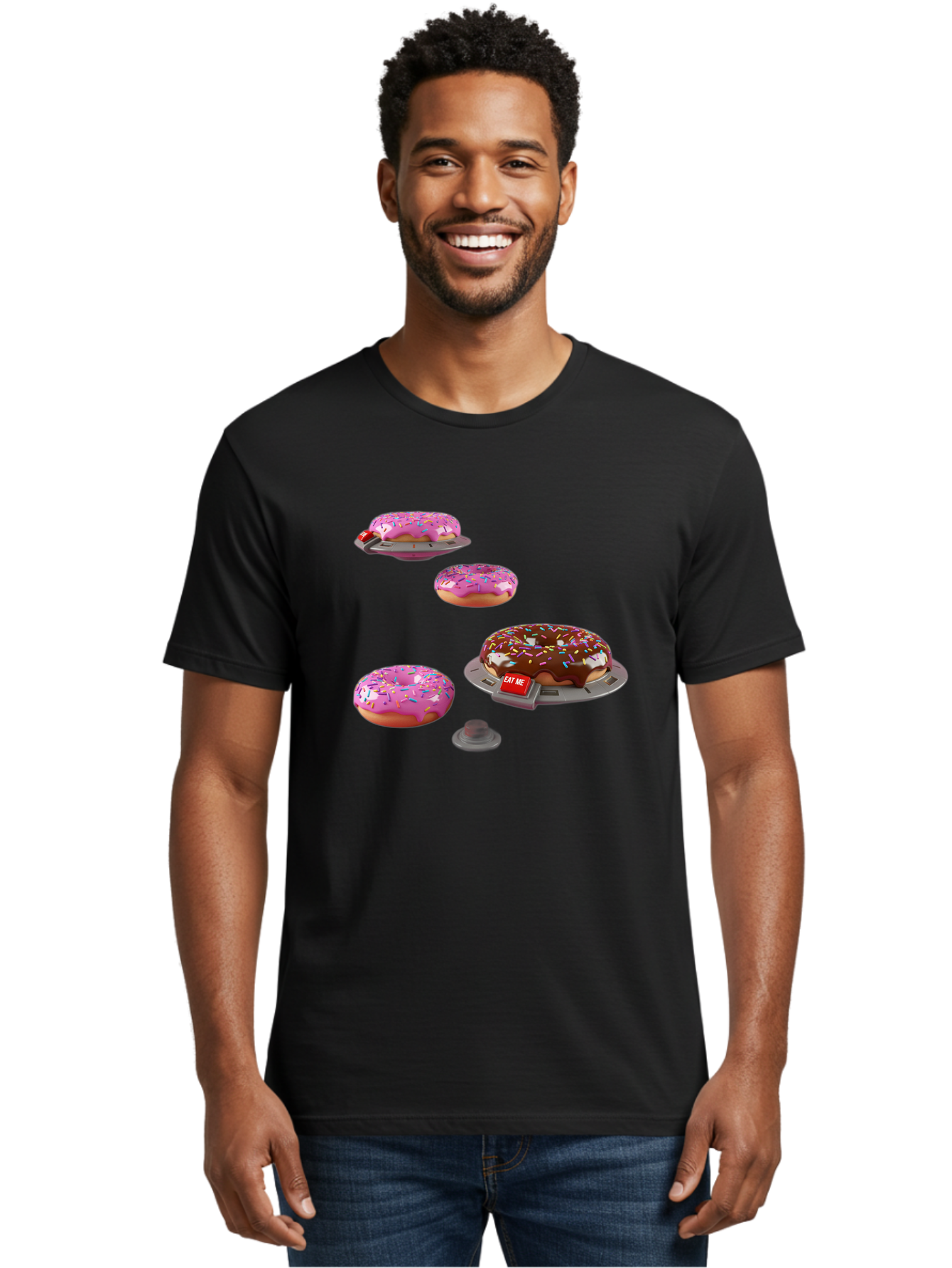 Donuts-On-Ufos Men'S Graphic Tee, 100% Cotton, Comfortable Casual Summer Wear, Machine Washable, Pink Frosted Donuts, Chocolate Frosted Donut, Sprinkles, Ufos, Eat Me Sign, Flying Donuts, Futuristic Dessert, 3D Rendering Bab879