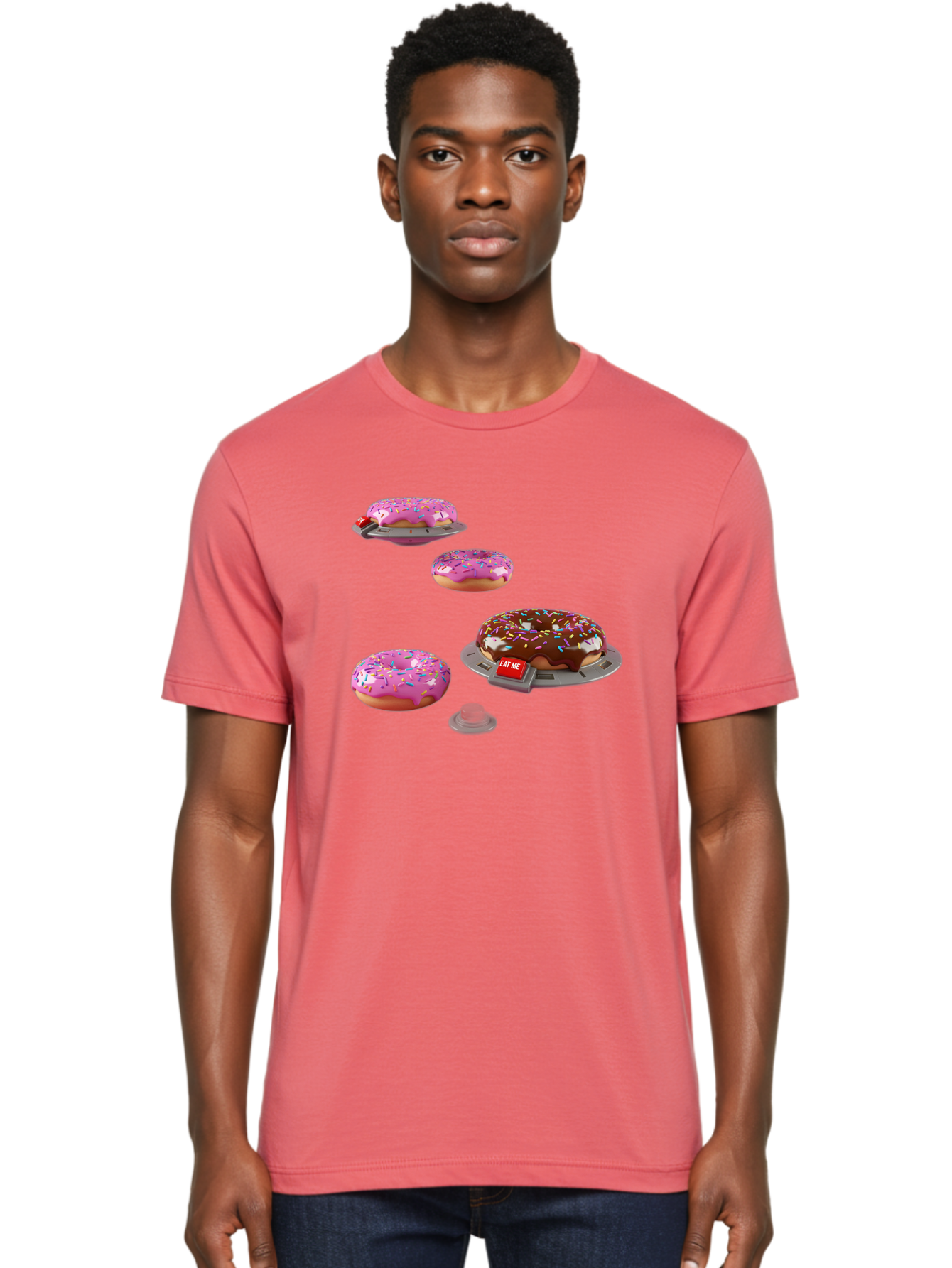 Donuts-On-Ufos Men'S Graphic Tee, 100% Cotton, Comfortable Casual Summer Wear, Machine Washable, Pink Frosted Donuts, Chocolate Frosted Donut, Sprinkles, Ufos, Eat Me Sign, Flying Donuts, Futuristic Dessert, 3D Rendering Bab879