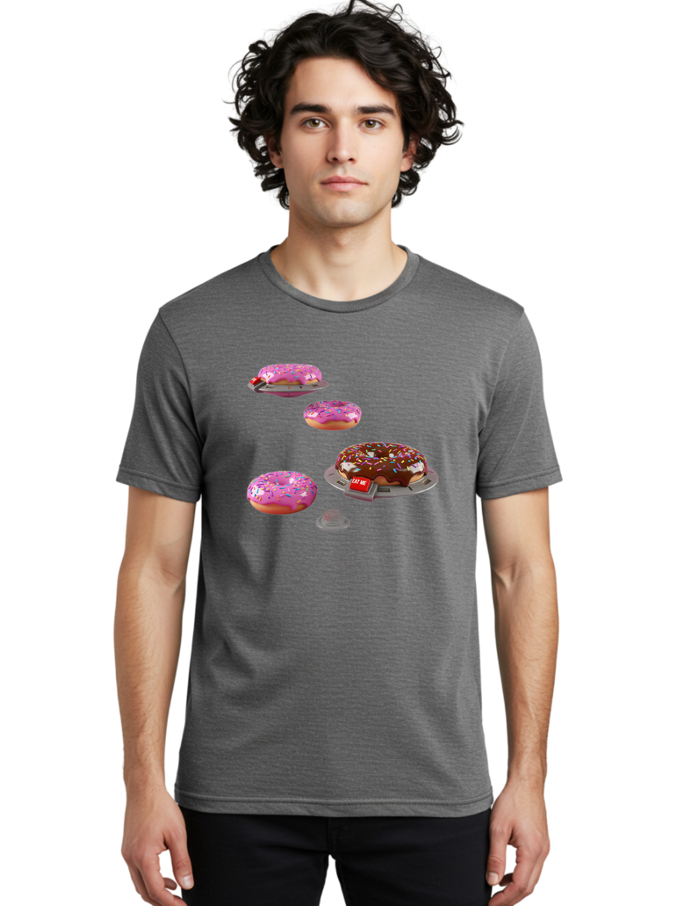 Donuts-On-Ufos Men'S Graphic Tee, 100% Cotton, Comfortable Casual Summer Wear, Machine Washable, Pink Frosted Donuts, Chocolate Frosted Donut, Sprinkles, Ufos, Eat Me Sign, Flying Donuts, Futuristic Dessert, 3D Rendering Bab879