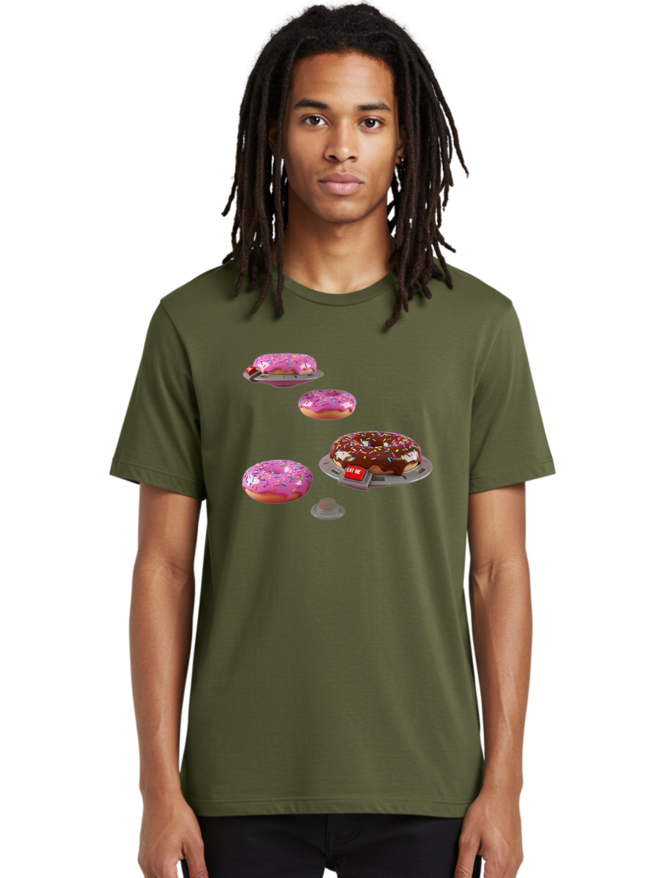 Donuts-On-Ufos Men'S Graphic Tee, 100% Cotton, Comfortable Casual Summer Wear, Machine Washable, Pink Frosted Donuts, Chocolate Frosted Donut, Sprinkles, Ufos, Eat Me Sign, Flying Donuts, Futuristic Dessert, 3D Rendering Bab879