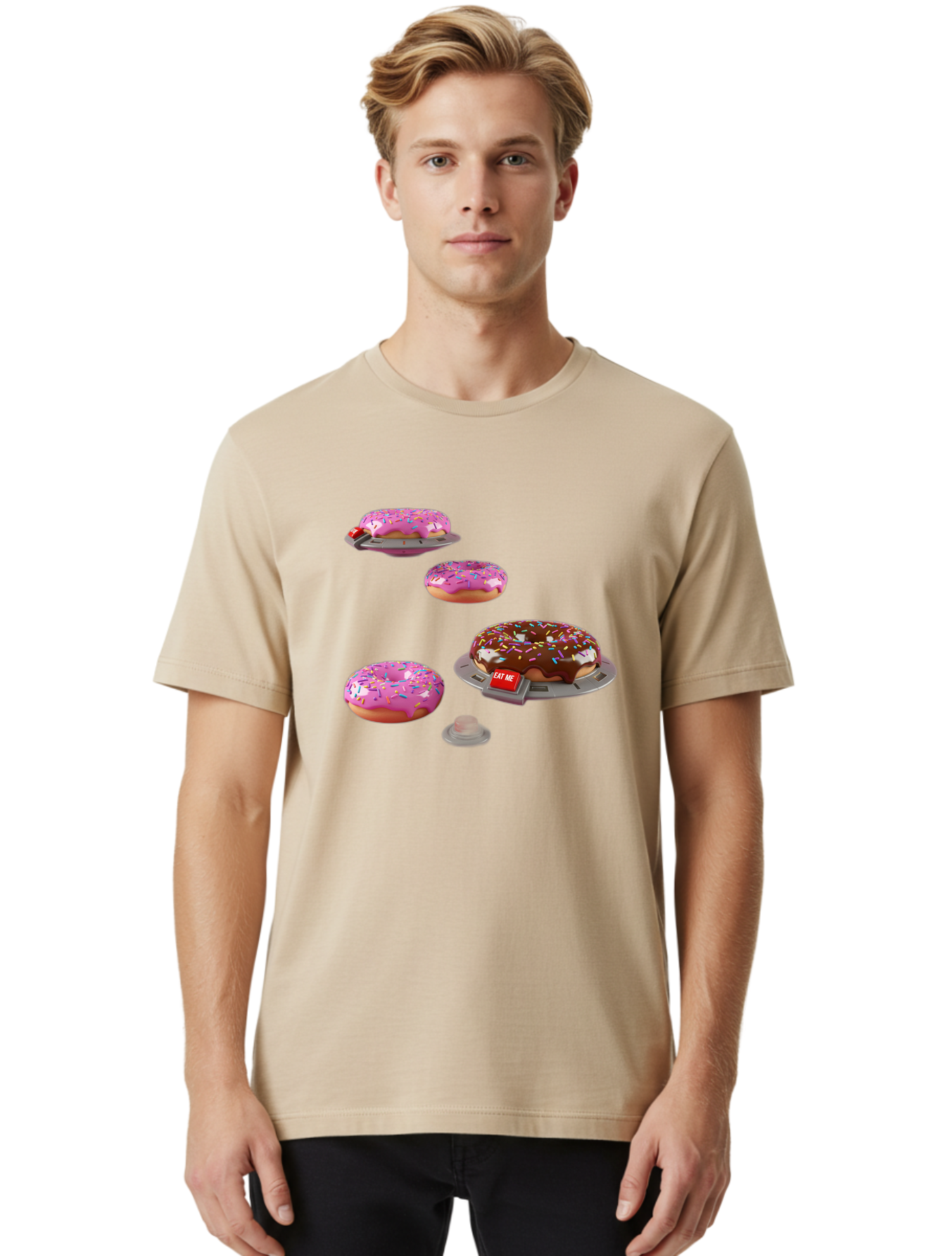 Donuts-On-Ufos Men'S Graphic Tee, 100% Cotton, Comfortable Casual Summer Wear, Machine Washable, Pink Frosted Donuts, Chocolate Frosted Donut, Sprinkles, Ufos, Eat Me Sign, Flying Donuts, Futuristic Dessert, 3D Rendering Bab879