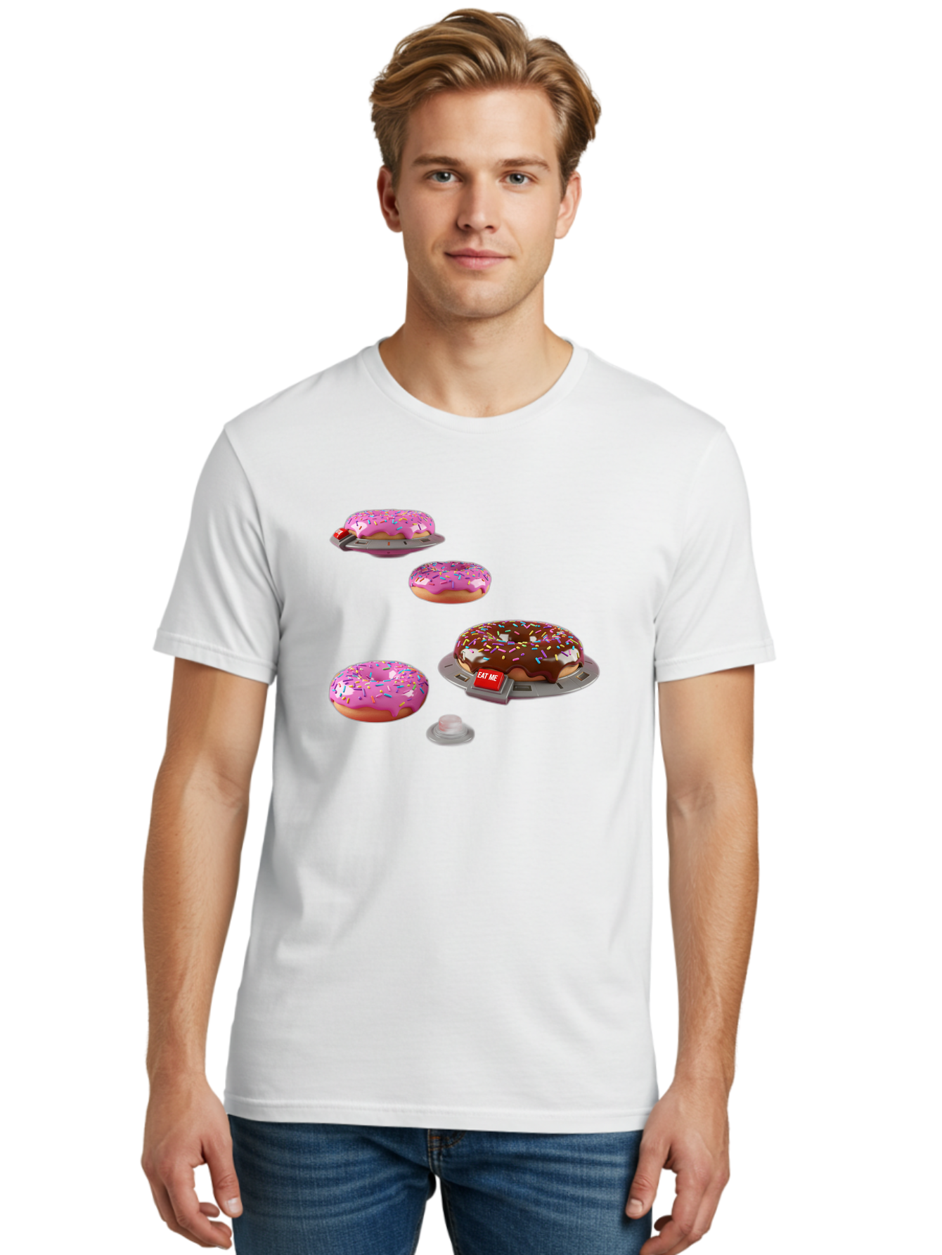 Donuts-On-Ufos Men'S Graphic Tee, 100% Cotton, Comfortable Casual Summer Wear, Machine Washable, Pink Frosted Donuts, Chocolate Frosted Donut, Sprinkles, Ufos, Eat Me Sign, Flying Donuts, Futuristic Dessert, 3D Rendering Bab879