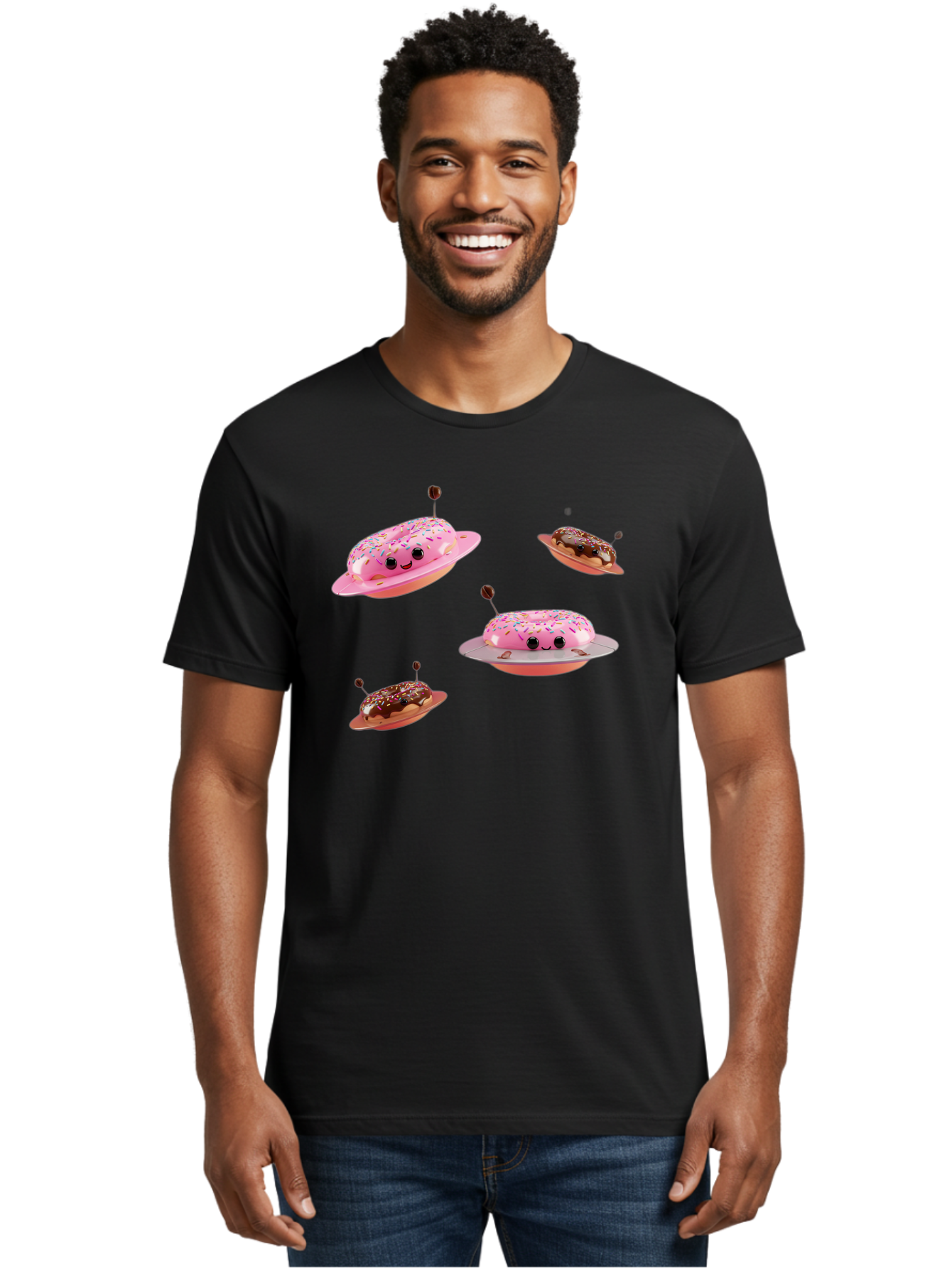 Donuts-Ufo Men'S Graphic Tee, 100% Cotton, Comfortable Casual Summer Wear, Machine Washable, Donut Ufos, Pink Donut, Chocolate Donut, Sprinkles, Funny Ufo, Cartoon Ufo, Whimsical Illustration, Foodie Humor, Alien Donuts, Playful Graphics Bab880