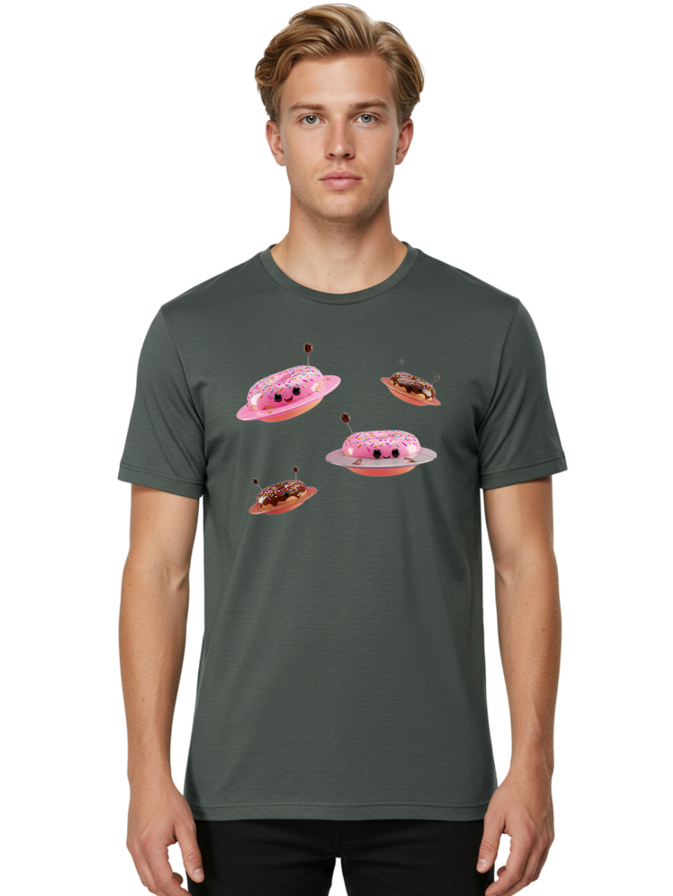 Donuts-Ufo Men'S Graphic Tee, 100% Cotton, Comfortable Casual Summer Wear, Machine Washable, Donut Ufos, Pink Donut, Chocolate Donut, Sprinkles, Funny Ufo, Cartoon Ufo, Whimsical Illustration, Foodie Humor, Alien Donuts, Playful Graphics Bab880