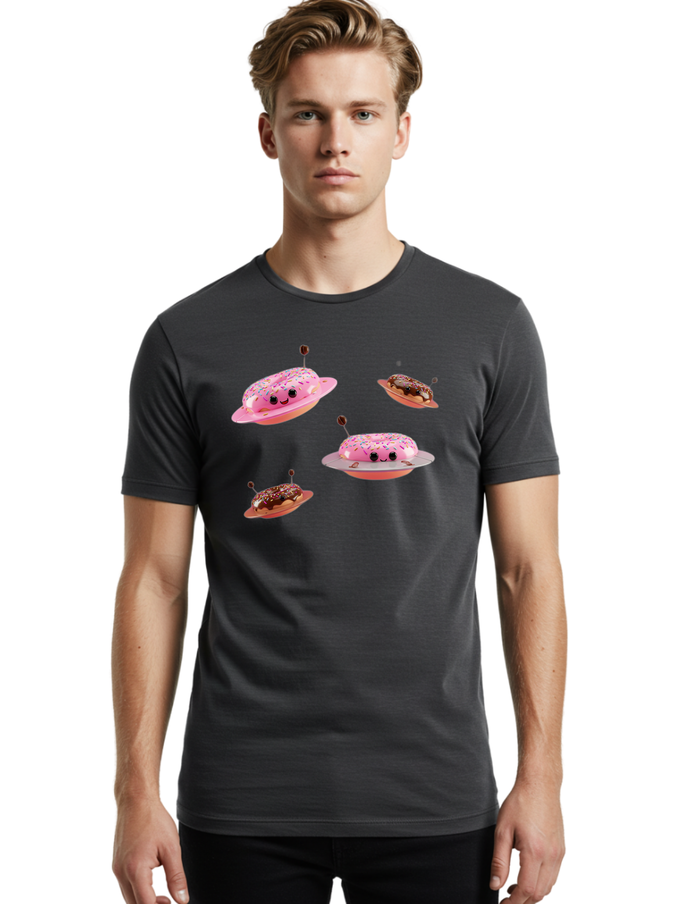 Donuts-Ufo Men'S Graphic Tee, 100% Cotton, Comfortable Casual Summer Wear, Machine Washable, Donut Ufos, Pink Donut, Chocolate Donut, Sprinkles, Funny Ufo, Cartoon Ufo, Whimsical Illustration, Foodie Humor, Alien Donuts, Playful Graphics Bab880