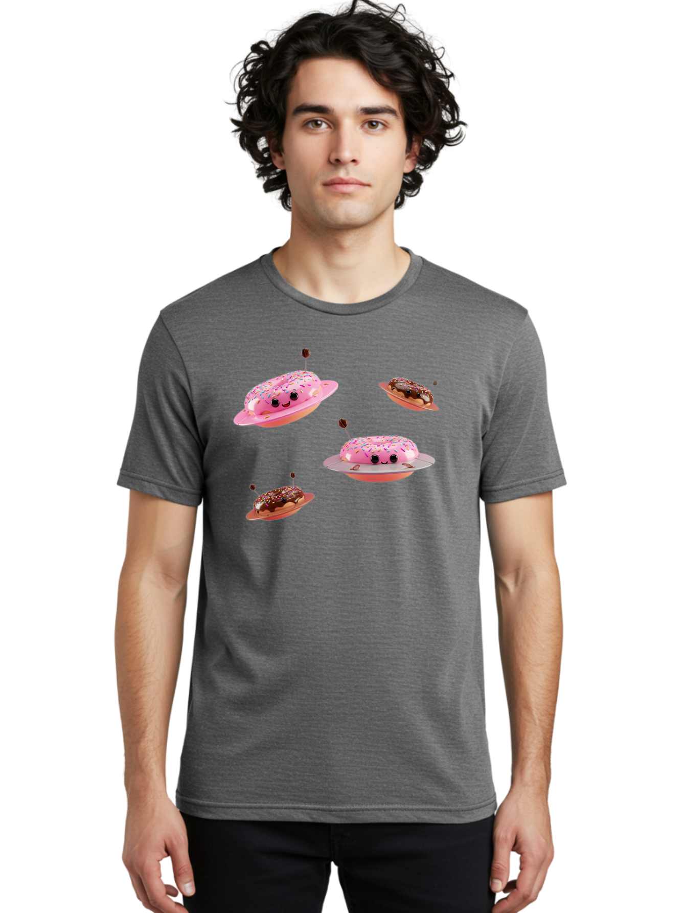Donuts-Ufo Men'S Graphic Tee, 100% Cotton, Comfortable Casual Summer Wear, Machine Washable, Donut Ufos, Pink Donut, Chocolate Donut, Sprinkles, Funny Ufo, Cartoon Ufo, Whimsical Illustration, Foodie Humor, Alien Donuts, Playful Graphics Bab880