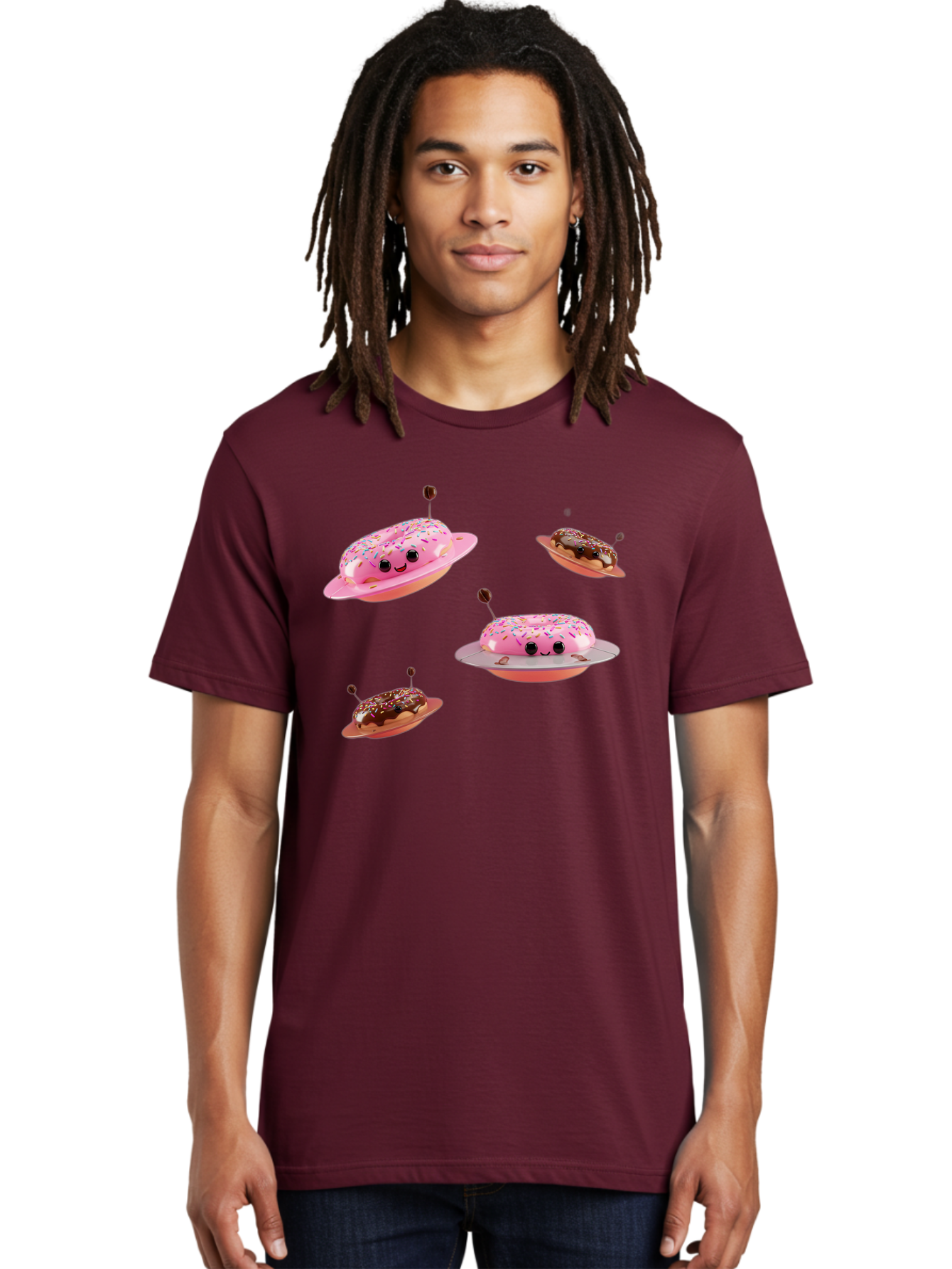 Donuts-Ufo Men'S Graphic Tee, 100% Cotton, Comfortable Casual Summer Wear, Machine Washable, Donut Ufos, Pink Donut, Chocolate Donut, Sprinkles, Funny Ufo, Cartoon Ufo, Whimsical Illustration, Foodie Humor, Alien Donuts, Playful Graphics Bab880
