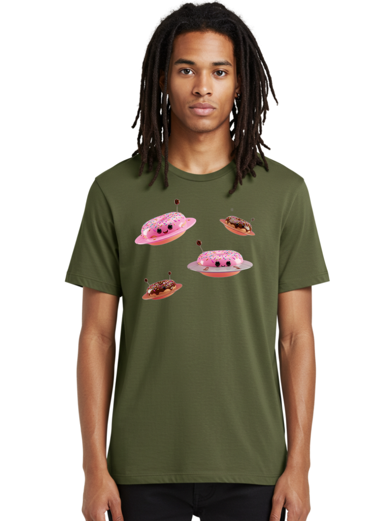 Donuts-Ufo Men'S Graphic Tee, 100% Cotton, Comfortable Casual Summer Wear, Machine Washable, Donut Ufos, Pink Donut, Chocolate Donut, Sprinkles, Funny Ufo, Cartoon Ufo, Whimsical Illustration, Foodie Humor, Alien Donuts, Playful Graphics Bab880