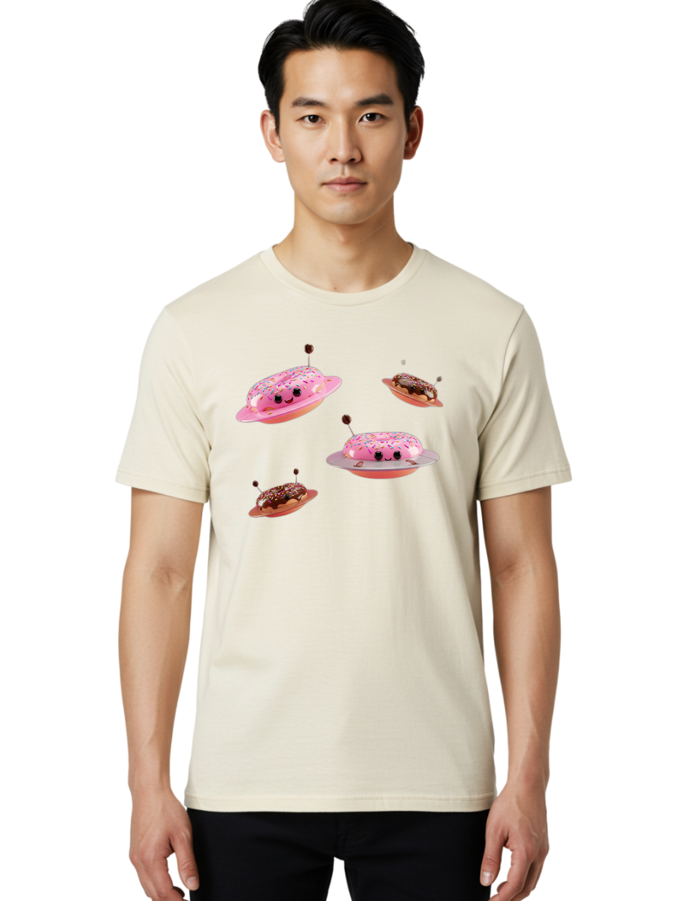 Donuts-Ufo Men'S Graphic Tee, 100% Cotton, Comfortable Casual Summer Wear, Machine Washable, Donut Ufos, Pink Donut, Chocolate Donut, Sprinkles, Funny Ufo, Cartoon Ufo, Whimsical Illustration, Foodie Humor, Alien Donuts, Playful Graphics Bab880