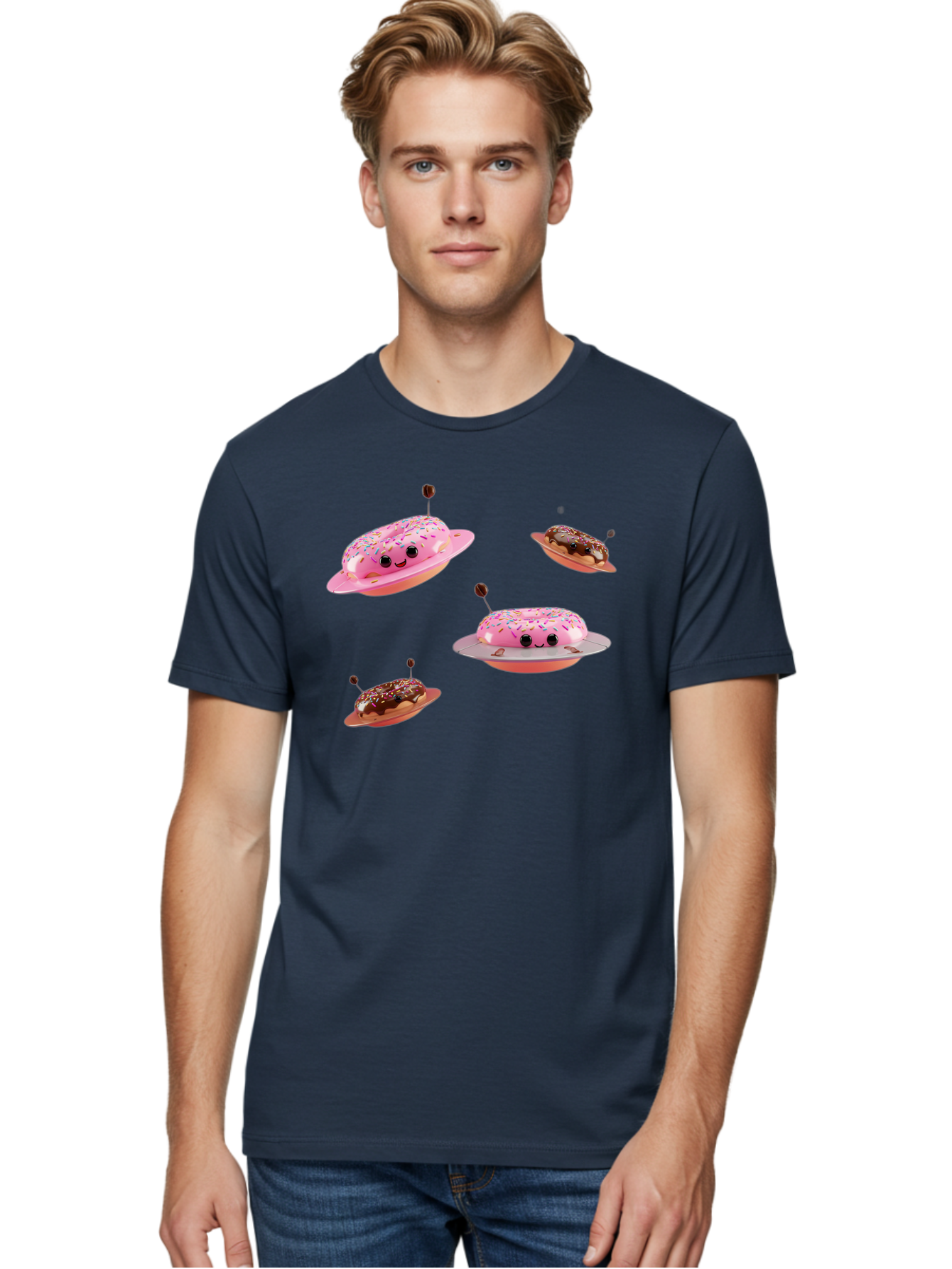 Donuts-Ufo Men'S Graphic Tee, 100% Cotton, Comfortable Casual Summer Wear, Machine Washable, Donut Ufos, Pink Donut, Chocolate Donut, Sprinkles, Funny Ufo, Cartoon Ufo, Whimsical Illustration, Foodie Humor, Alien Donuts, Playful Graphics Bab880