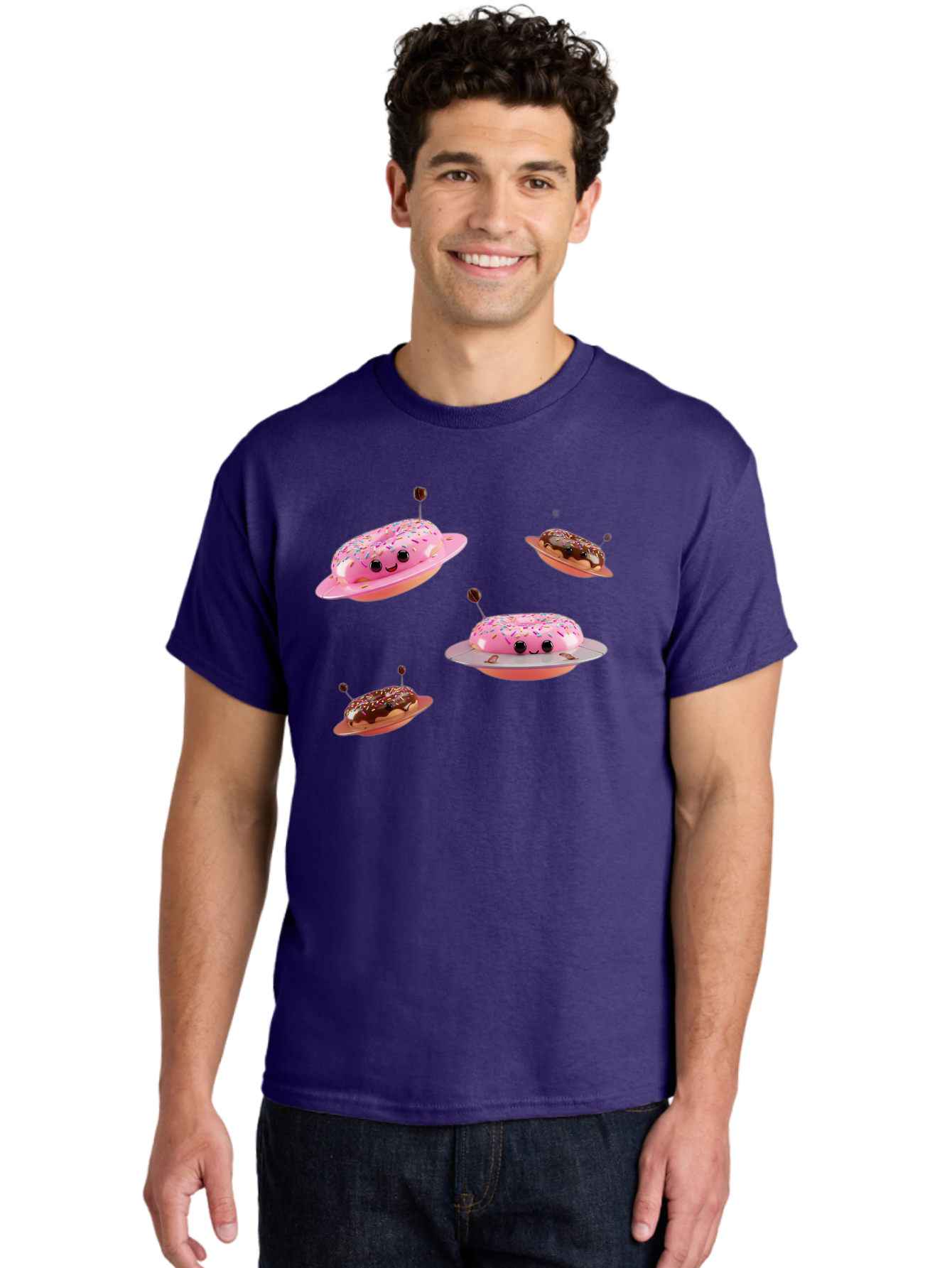 Donuts-Ufo Men'S Graphic Tee, 100% Cotton, Comfortable Casual Summer Wear, Machine Washable, Donut Ufos, Pink Donut, Chocolate Donut, Sprinkles, Funny Ufo, Cartoon Ufo, Whimsical Illustration, Foodie Humor, Alien Donuts, Playful Graphics Bab880