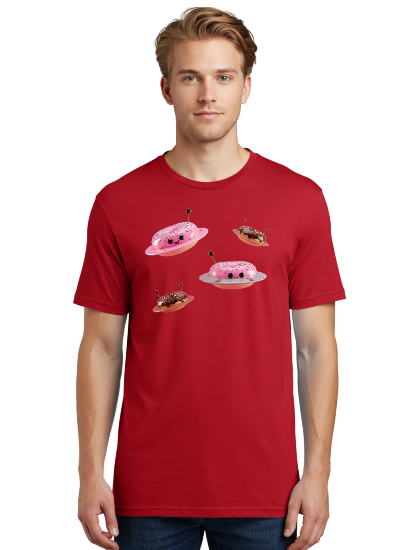 Donuts-Ufo Men'S Graphic Tee, 100% Cotton, Comfortable Casual Summer Wear, Machine Washable, Donut Ufos, Pink Donut, Chocolate Donut, Sprinkles, Funny Ufo, Cartoon Ufo, Whimsical Illustration, Foodie Humor, Alien Donuts, Playful Graphics Bab880