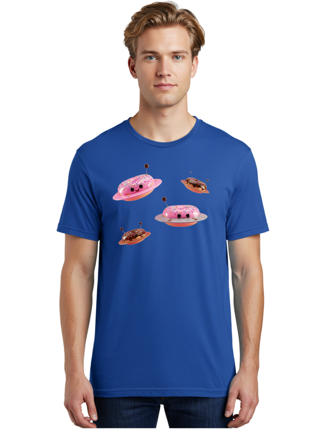 Donuts-Ufo Men'S Graphic Tee, 100% Cotton, Comfortable Casual Summer Wear, Machine Washable, Donut Ufos, Pink Donut, Chocolate Donut, Sprinkles, Funny Ufo, Cartoon Ufo, Whimsical Illustration, Foodie Humor, Alien Donuts, Playful Graphics Bab880