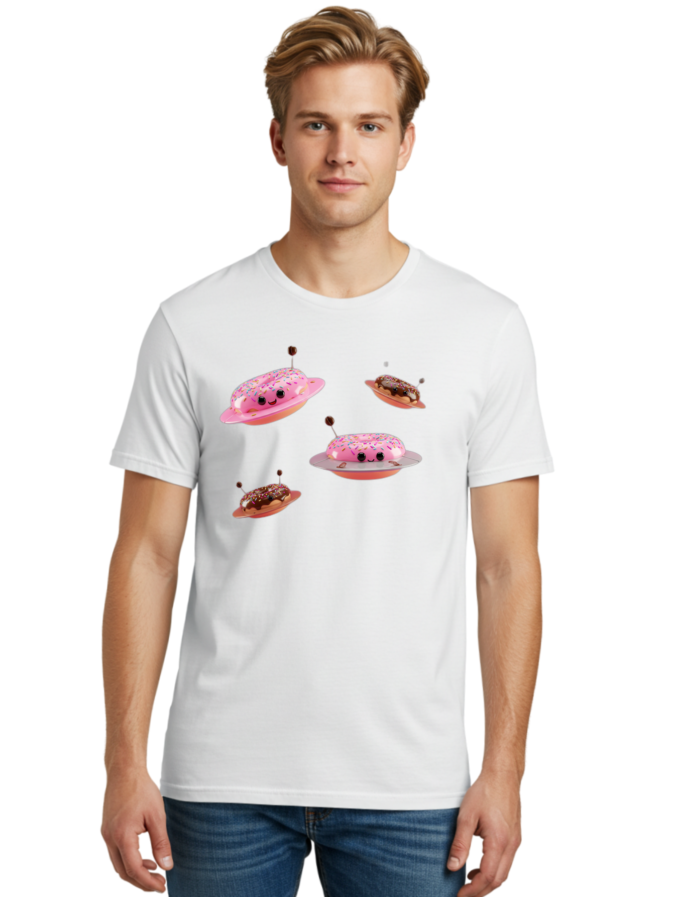 Donuts-Ufo Men'S Graphic Tee, 100% Cotton, Comfortable Casual Summer Wear, Machine Washable, Donut Ufos, Pink Donut, Chocolate Donut, Sprinkles, Funny Ufo, Cartoon Ufo, Whimsical Illustration, Foodie Humor, Alien Donuts, Playful Graphics Bab880