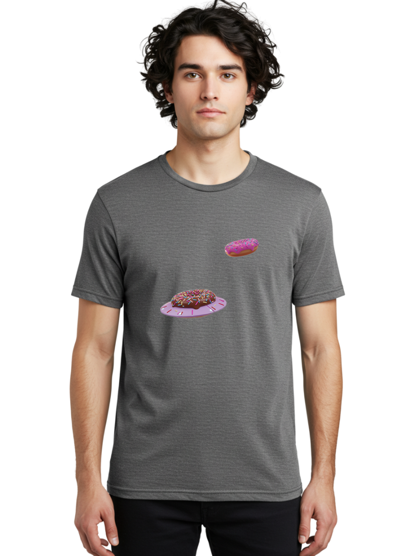 Donuts-With-Sprinkles Men'S Graphic Tee, 100% Cotton, Comfortable Casual Summer Wear, Machine Washable, Donuts In Mid-Air, Chocolate Donut With Sprinkles, Pink Frosting And Sprinkles, Sweet Treats, Dessert Delights, Tasty Pastries, Bab881