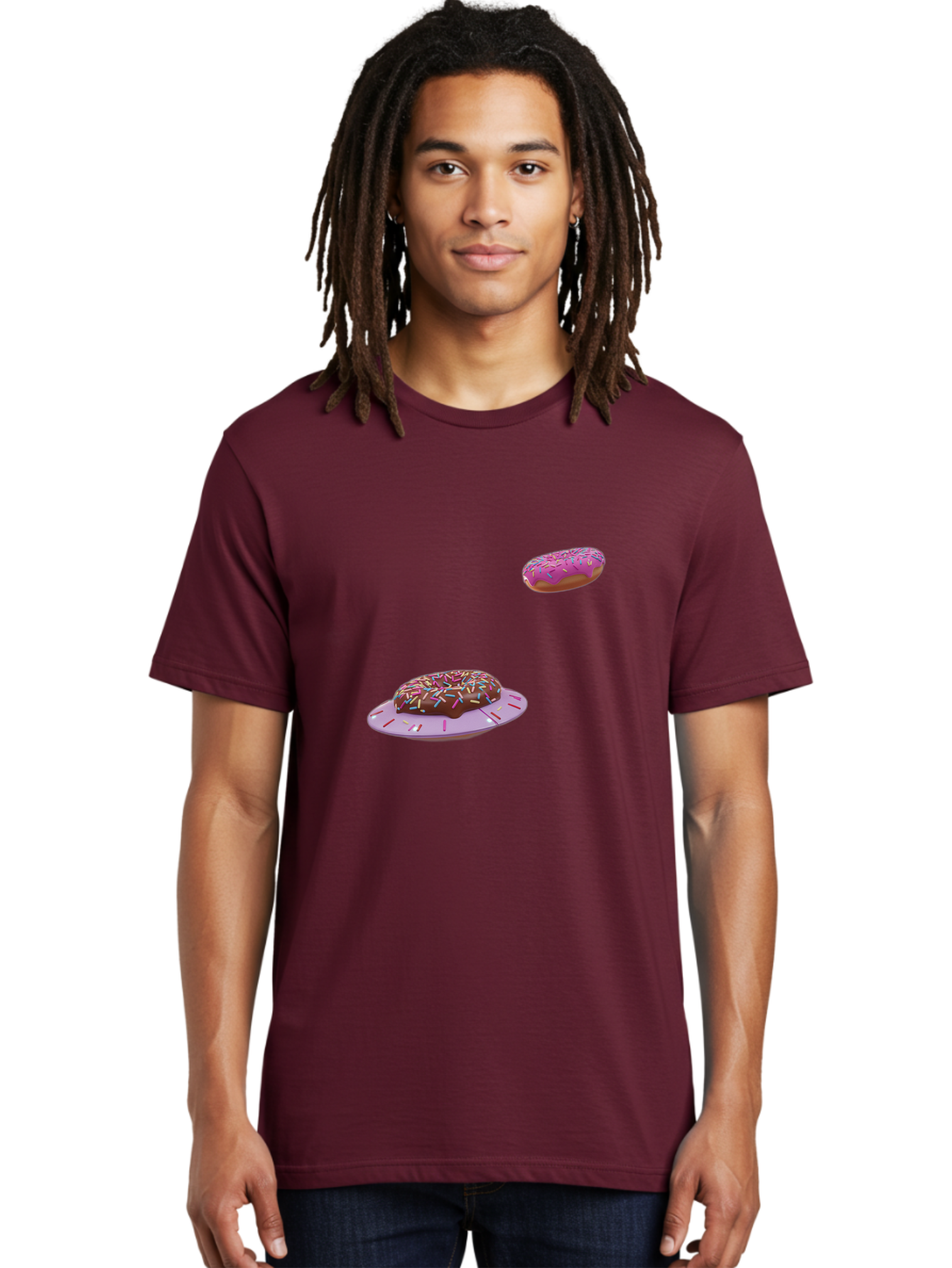 Donuts-With-Sprinkles Men'S Graphic Tee, 100% Cotton, Comfortable Casual Summer Wear, Machine Washable, Donuts In Mid-Air, Chocolate Donut With Sprinkles, Pink Frosting And Sprinkles, Sweet Treats, Dessert Delights, Tasty Pastries, Bab881