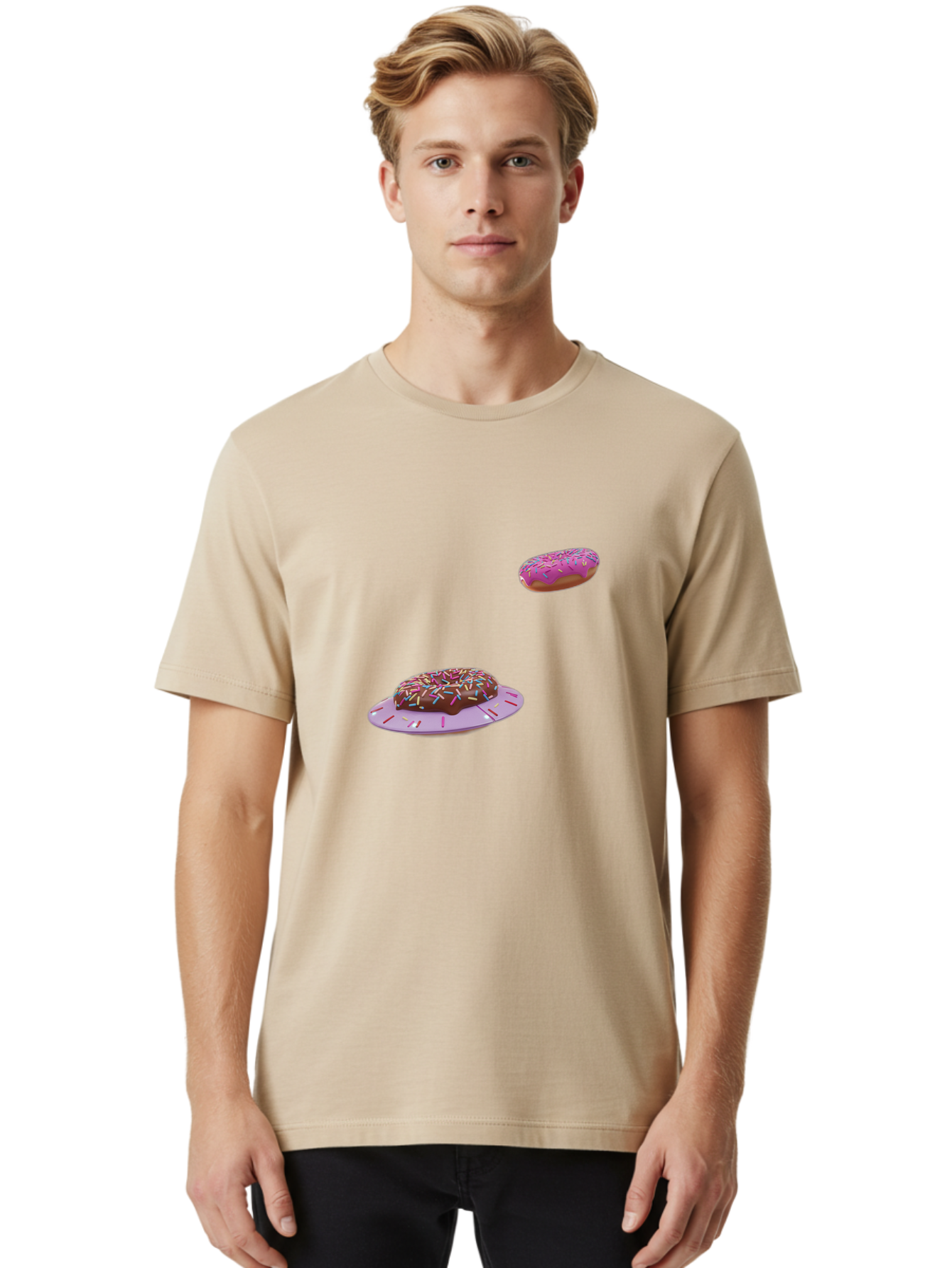 Donuts-With-Sprinkles Men'S Graphic Tee, 100% Cotton, Comfortable Casual Summer Wear, Machine Washable, Donuts In Mid-Air, Chocolate Donut With Sprinkles, Pink Frosting And Sprinkles, Sweet Treats, Dessert Delights, Tasty Pastries, Bab881