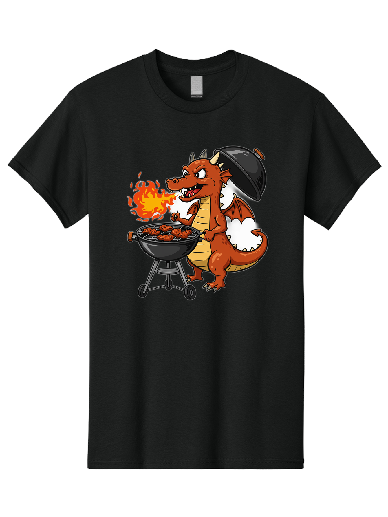 Dragon-Barbecue Men'S Graphic Tee, 100% Cotton, Comfortable Casual Summer Wear, Machine Washable, Cartoon Dragon, Grilling On Barbecue, Cooking Meat, Outdoor Cooking, Fiery Flames, Comical Dragon, Playful Illustration, Humorous Dragon, Bab883