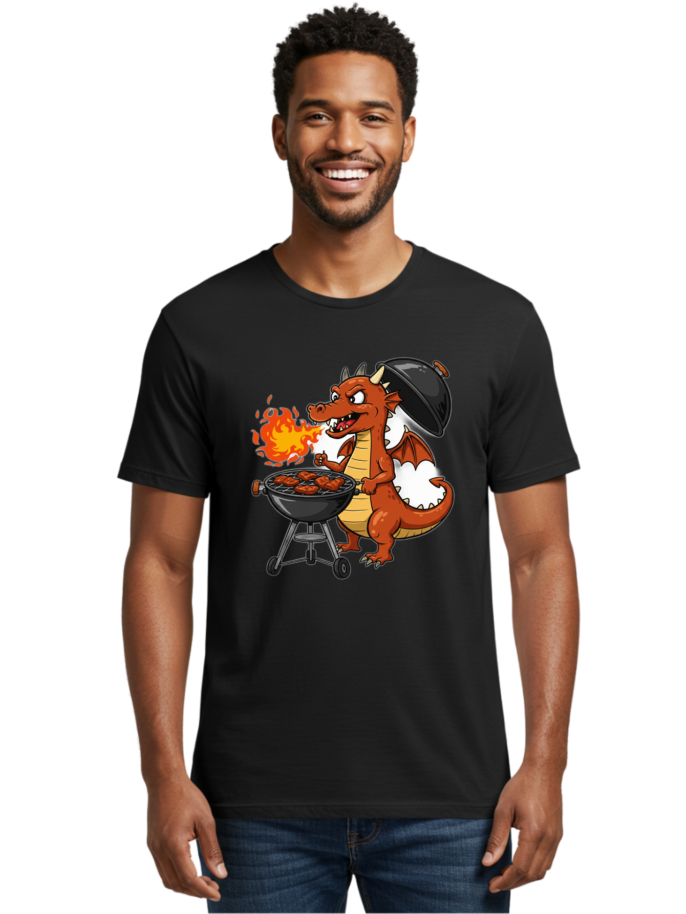 Dragon-Barbecue Men'S Graphic Tee, 100% Cotton, Comfortable Casual Summer Wear, Machine Washable, Cartoon Dragon, Grilling On Barbecue, Cooking Meat, Outdoor Cooking, Fiery Flames, Comical Dragon, Playful Illustration, Humorous Dragon, Bab883