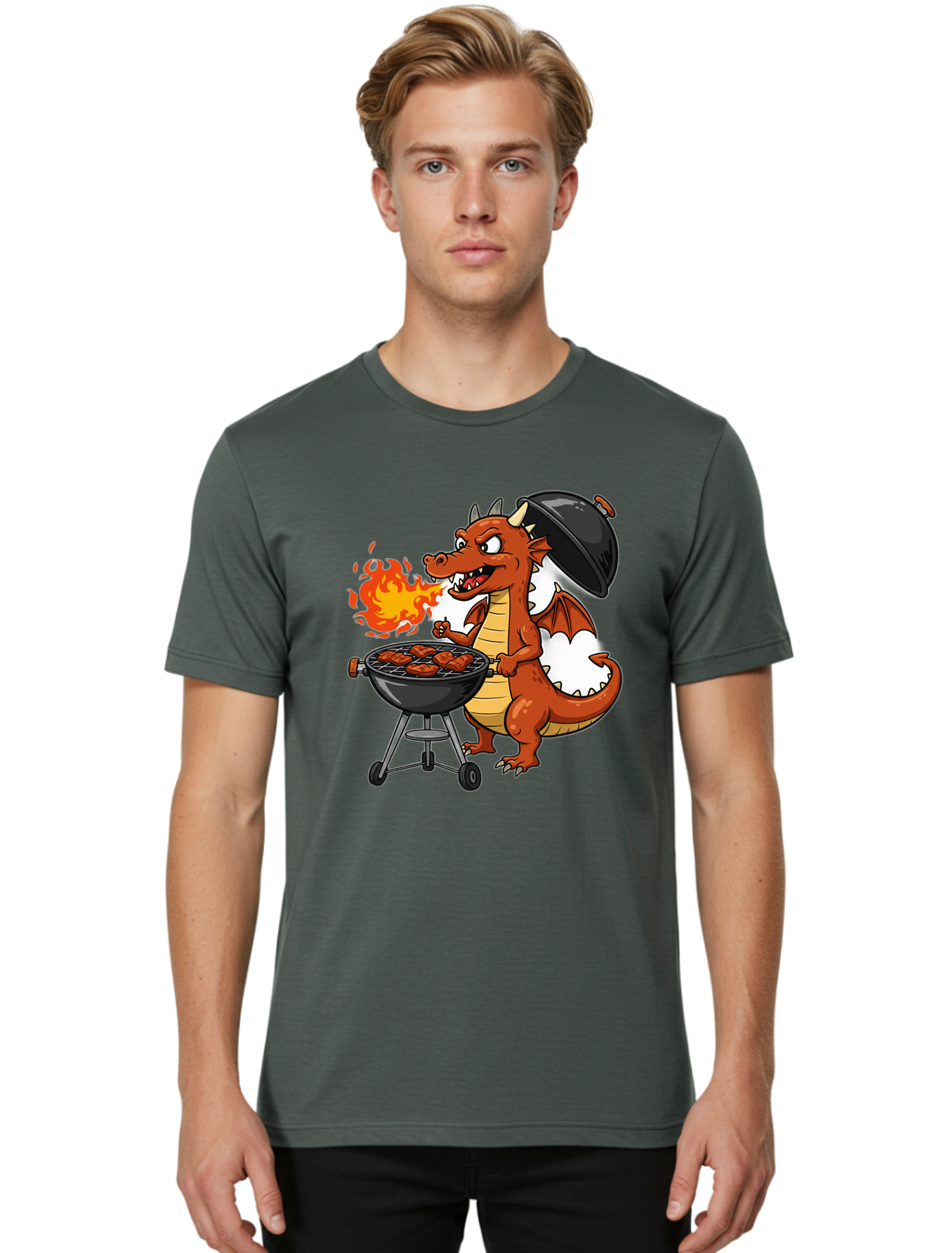 Dragon-Barbecue Men'S Graphic Tee, 100% Cotton, Comfortable Casual Summer Wear, Machine Washable, Cartoon Dragon, Grilling On Barbecue, Cooking Meat, Outdoor Cooking, Fiery Flames, Comical Dragon, Playful Illustration, Humorous Dragon, Bab883