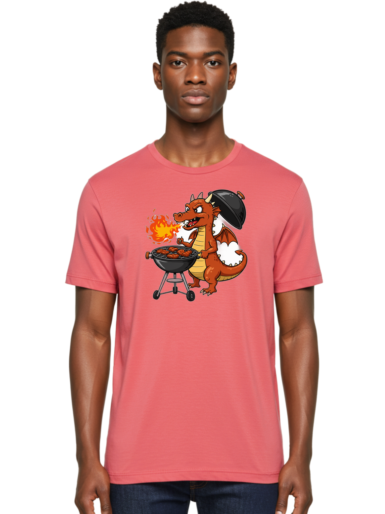 Dragon-Barbecue Men'S Graphic Tee, 100% Cotton, Comfortable Casual Summer Wear, Machine Washable, Cartoon Dragon, Grilling On Barbecue, Cooking Meat, Outdoor Cooking, Fiery Flames, Comical Dragon, Playful Illustration, Humorous Dragon, Bab883