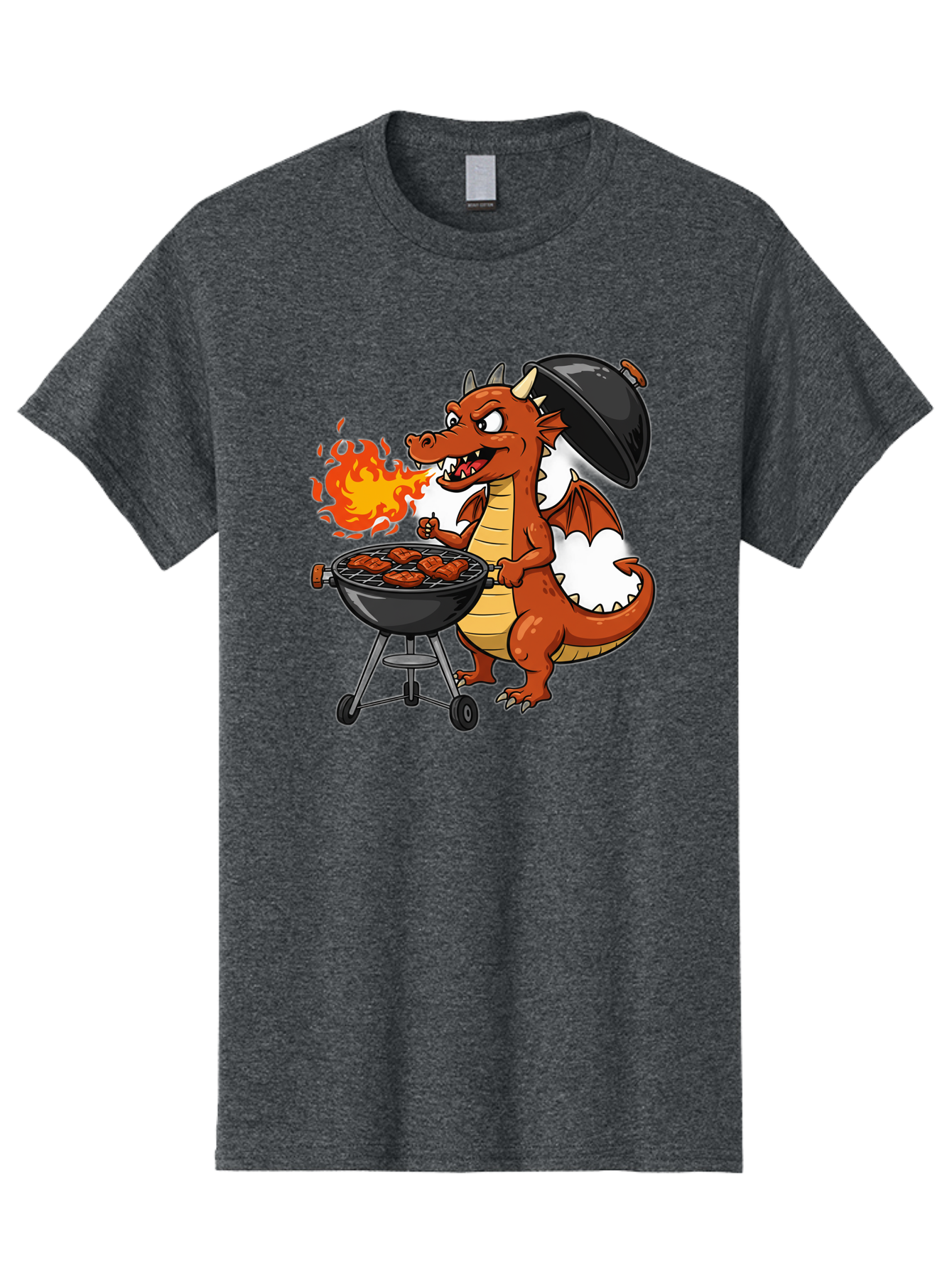 Dragon-Barbecue Men'S Graphic Tee, 100% Cotton, Comfortable Casual Summer Wear, Machine Washable, Cartoon Dragon, Grilling On Barbecue, Cooking Meat, Outdoor Cooking, Fiery Flames, Comical Dragon, Playful Illustration, Humorous Dragon, Bab883