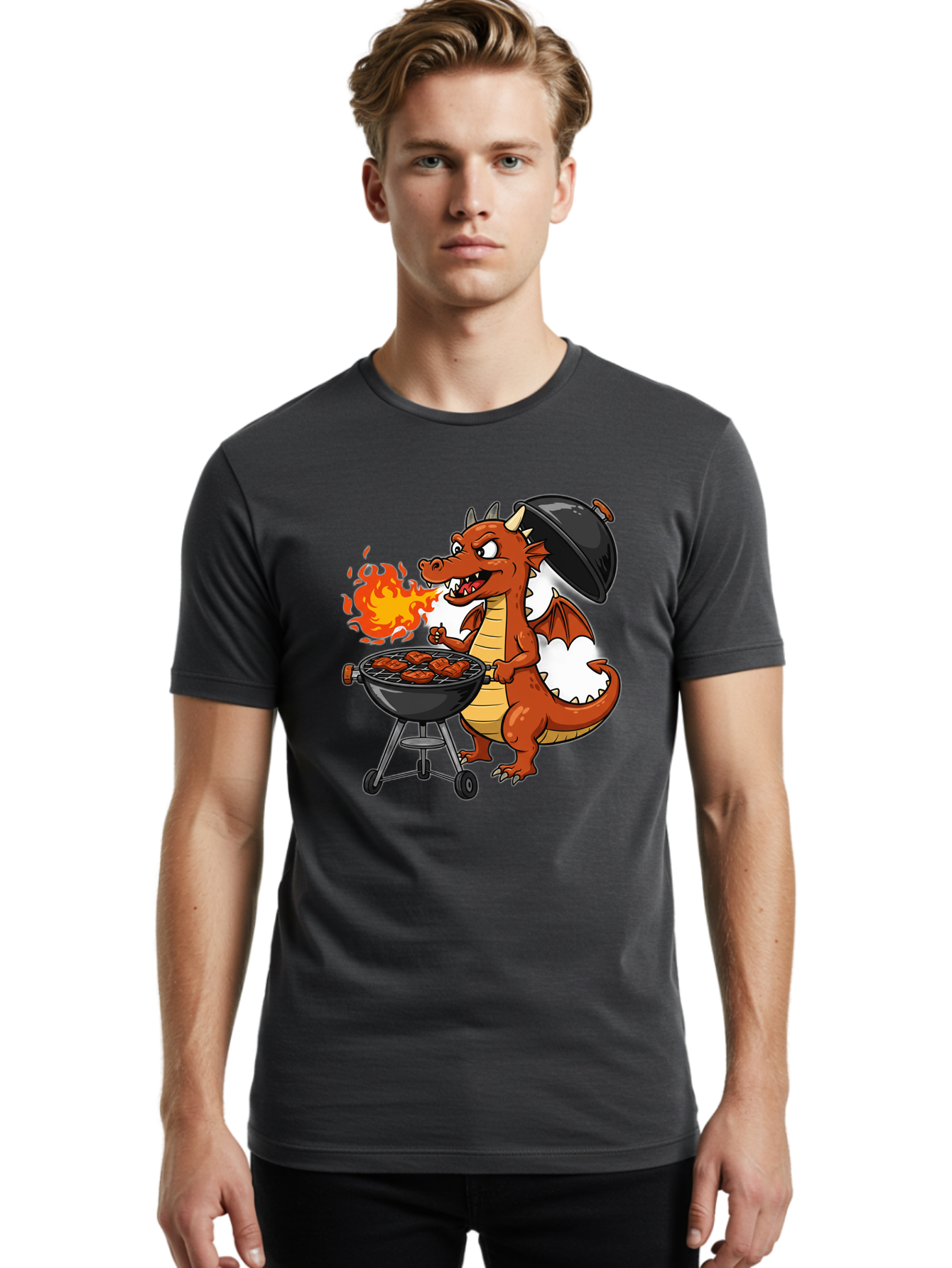 Dragon-Barbecue Men'S Graphic Tee, 100% Cotton, Comfortable Casual Summer Wear, Machine Washable, Cartoon Dragon, Grilling On Barbecue, Cooking Meat, Outdoor Cooking, Fiery Flames, Comical Dragon, Playful Illustration, Humorous Dragon, Bab883