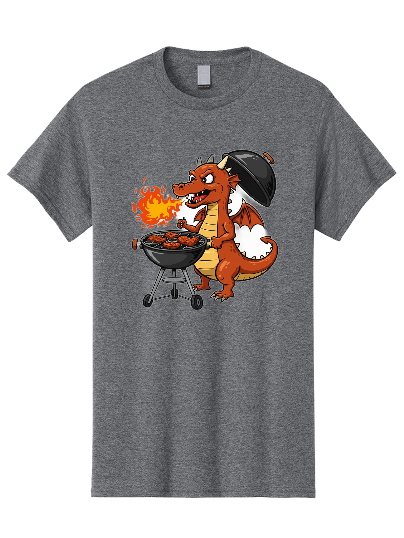 Dragon-Barbecue Men'S Graphic Tee, 100% Cotton, Comfortable Casual Summer Wear, Machine Washable, Cartoon Dragon, Grilling On Barbecue, Cooking Meat, Outdoor Cooking, Fiery Flames, Comical Dragon, Playful Illustration, Humorous Dragon, Bab883