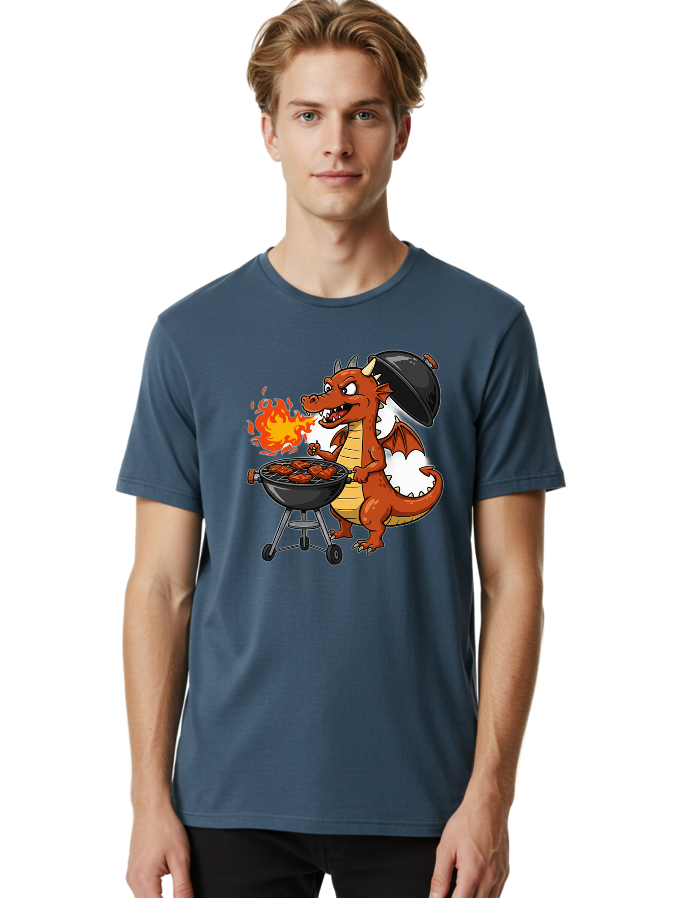Dragon-Barbecue Men'S Graphic Tee, 100% Cotton, Comfortable Casual Summer Wear, Machine Washable, Cartoon Dragon, Grilling On Barbecue, Cooking Meat, Outdoor Cooking, Fiery Flames, Comical Dragon, Playful Illustration, Humorous Dragon, Bab883