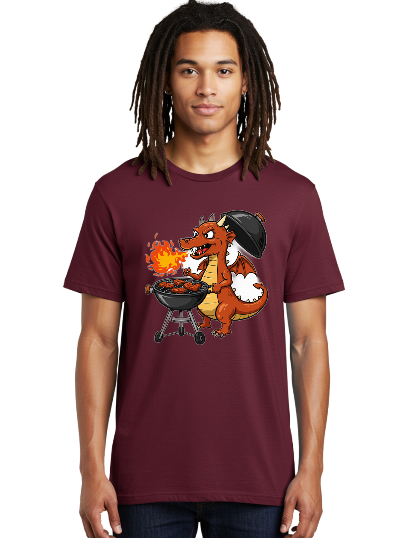 Dragon-Barbecue Men'S Graphic Tee, 100% Cotton, Comfortable Casual Summer Wear, Machine Washable, Cartoon Dragon, Grilling On Barbecue, Cooking Meat, Outdoor Cooking, Fiery Flames, Comical Dragon, Playful Illustration, Humorous Dragon, Bab883
