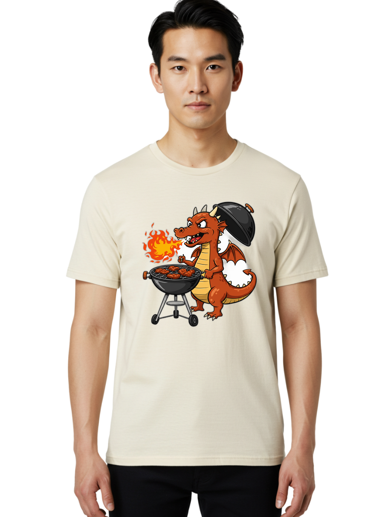 Dragon-Barbecue Men'S Graphic Tee, 100% Cotton, Comfortable Casual Summer Wear, Machine Washable, Cartoon Dragon, Grilling On Barbecue, Cooking Meat, Outdoor Cooking, Fiery Flames, Comical Dragon, Playful Illustration, Humorous Dragon, Bab883