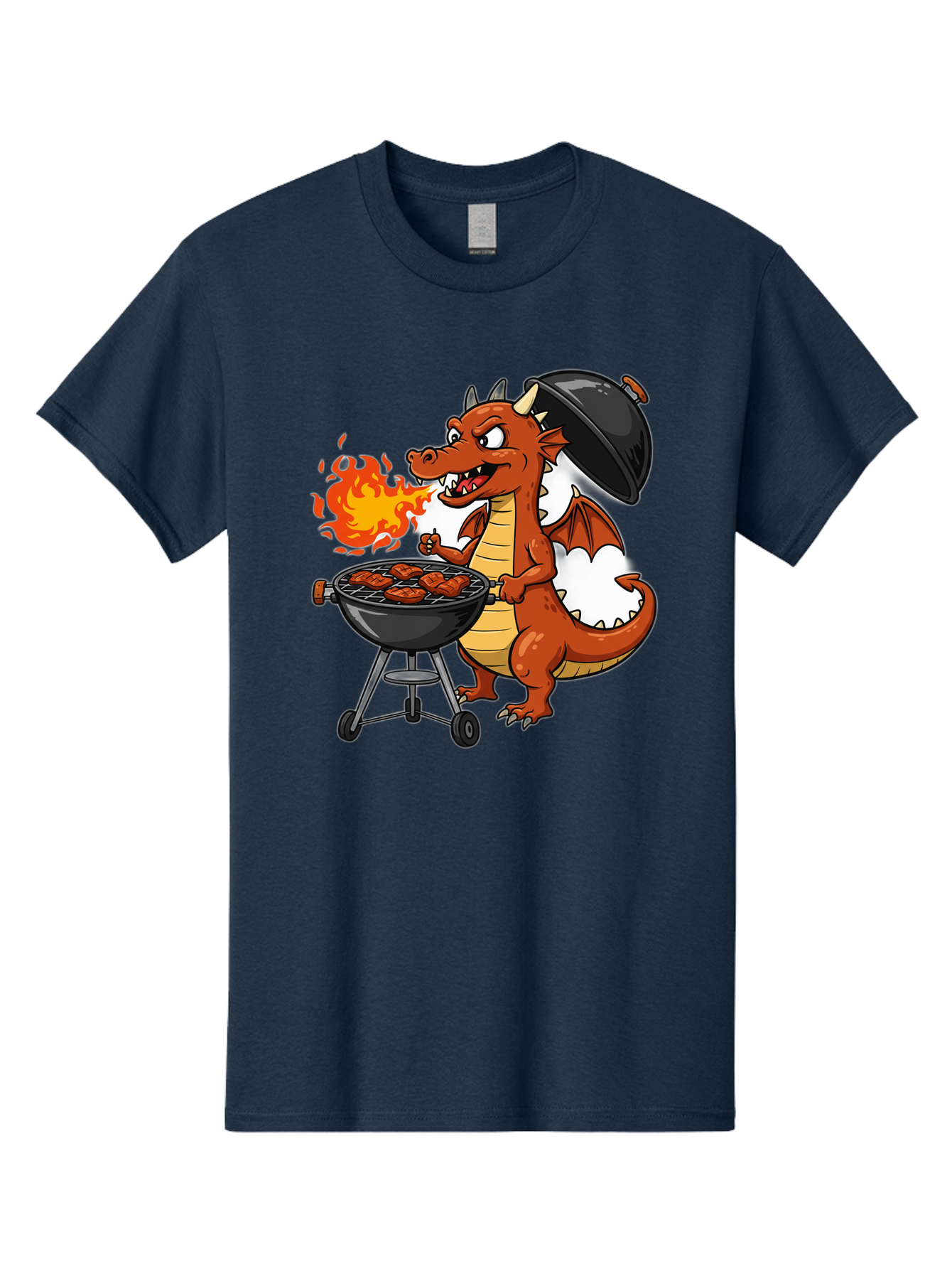 Dragon-Barbecue Men'S Graphic Tee, 100% Cotton, Comfortable Casual Summer Wear, Machine Washable, Cartoon Dragon, Grilling On Barbecue, Cooking Meat, Outdoor Cooking, Fiery Flames, Comical Dragon, Playful Illustration, Humorous Dragon, Bab883