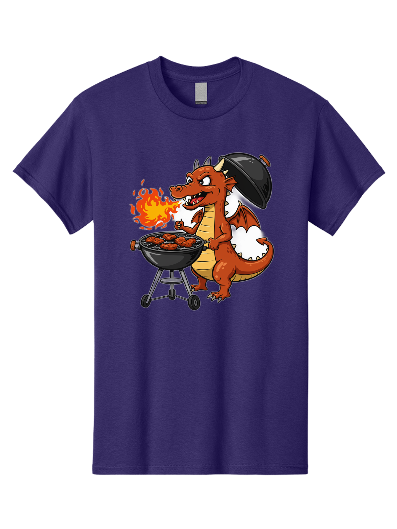Dragon-Barbecue Men'S Graphic Tee, 100% Cotton, Comfortable Casual Summer Wear, Machine Washable, Cartoon Dragon, Grilling On Barbecue, Cooking Meat, Outdoor Cooking, Fiery Flames, Comical Dragon, Playful Illustration, Humorous Dragon, Bab883