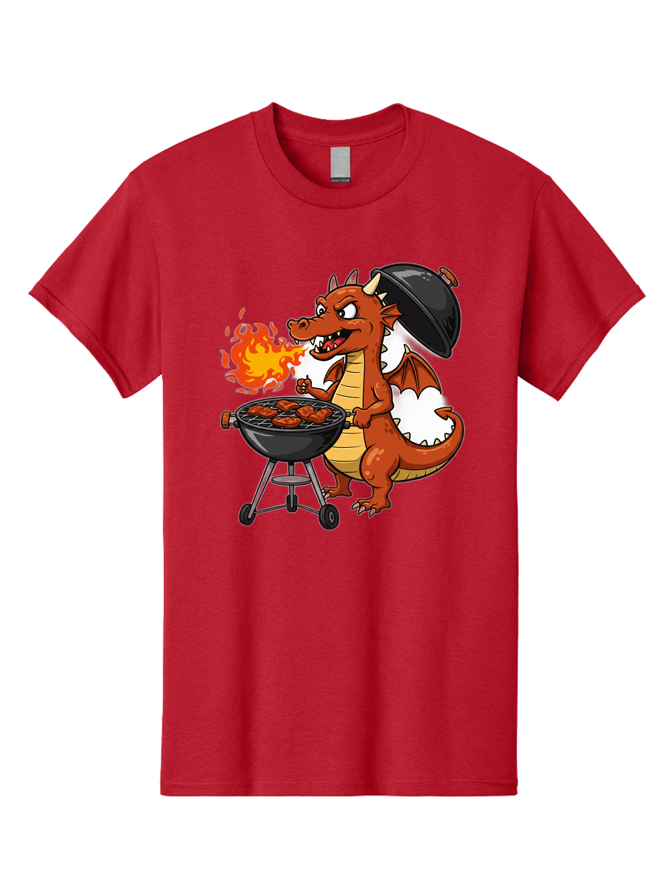 Dragon-Barbecue Men'S Graphic Tee, 100% Cotton, Comfortable Casual Summer Wear, Machine Washable, Cartoon Dragon, Grilling On Barbecue, Cooking Meat, Outdoor Cooking, Fiery Flames, Comical Dragon, Playful Illustration, Humorous Dragon, Bab883