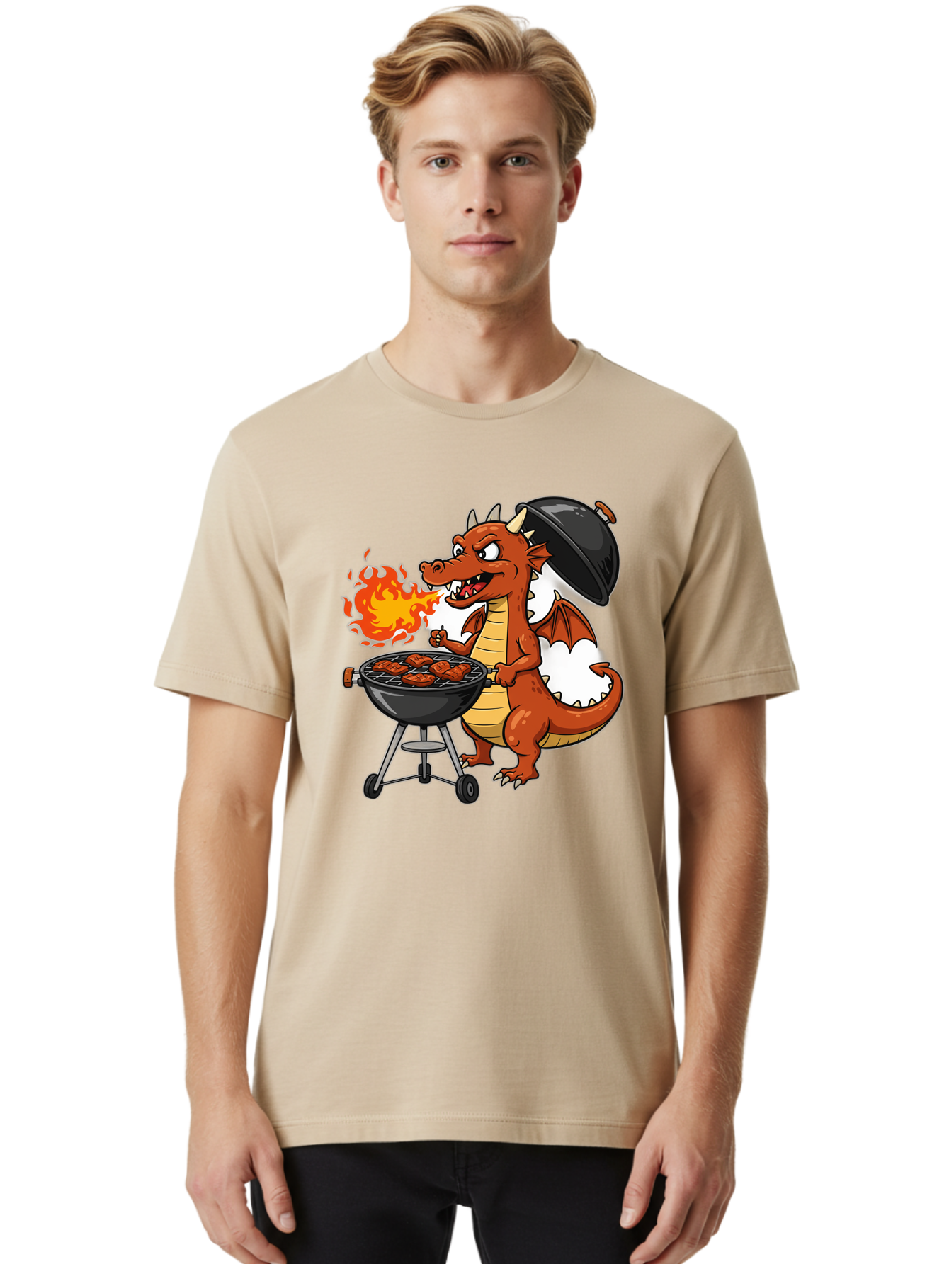 Dragon-Barbecue Men'S Graphic Tee, 100% Cotton, Comfortable Casual Summer Wear, Machine Washable, Cartoon Dragon, Grilling On Barbecue, Cooking Meat, Outdoor Cooking, Fiery Flames, Comical Dragon, Playful Illustration, Humorous Dragon, Bab883