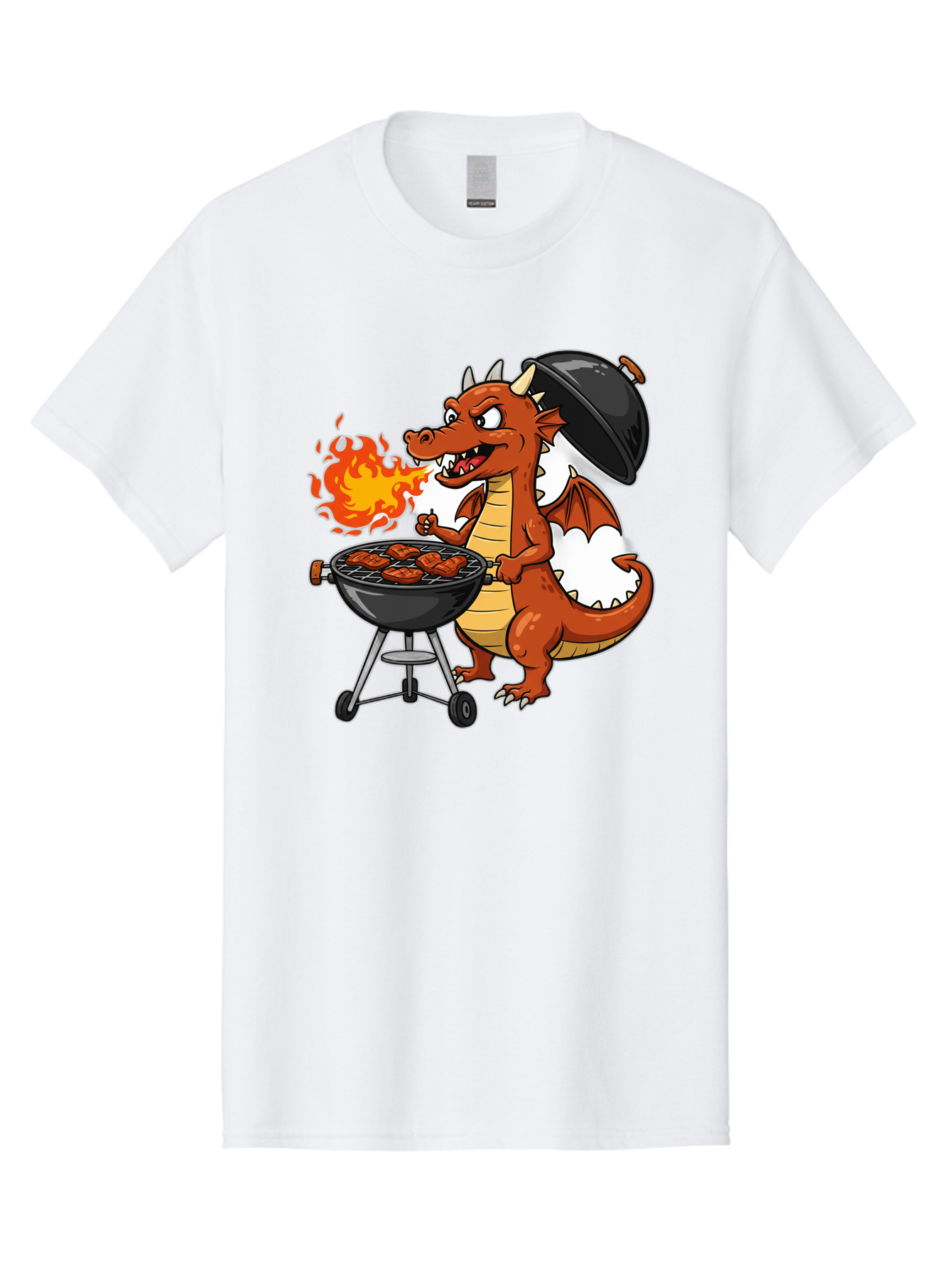 Dragon-Barbecue Men'S Graphic Tee, 100% Cotton, Comfortable Casual Summer Wear, Machine Washable, Cartoon Dragon, Grilling On Barbecue, Cooking Meat, Outdoor Cooking, Fiery Flames, Comical Dragon, Playful Illustration, Humorous Dragon, Bab883