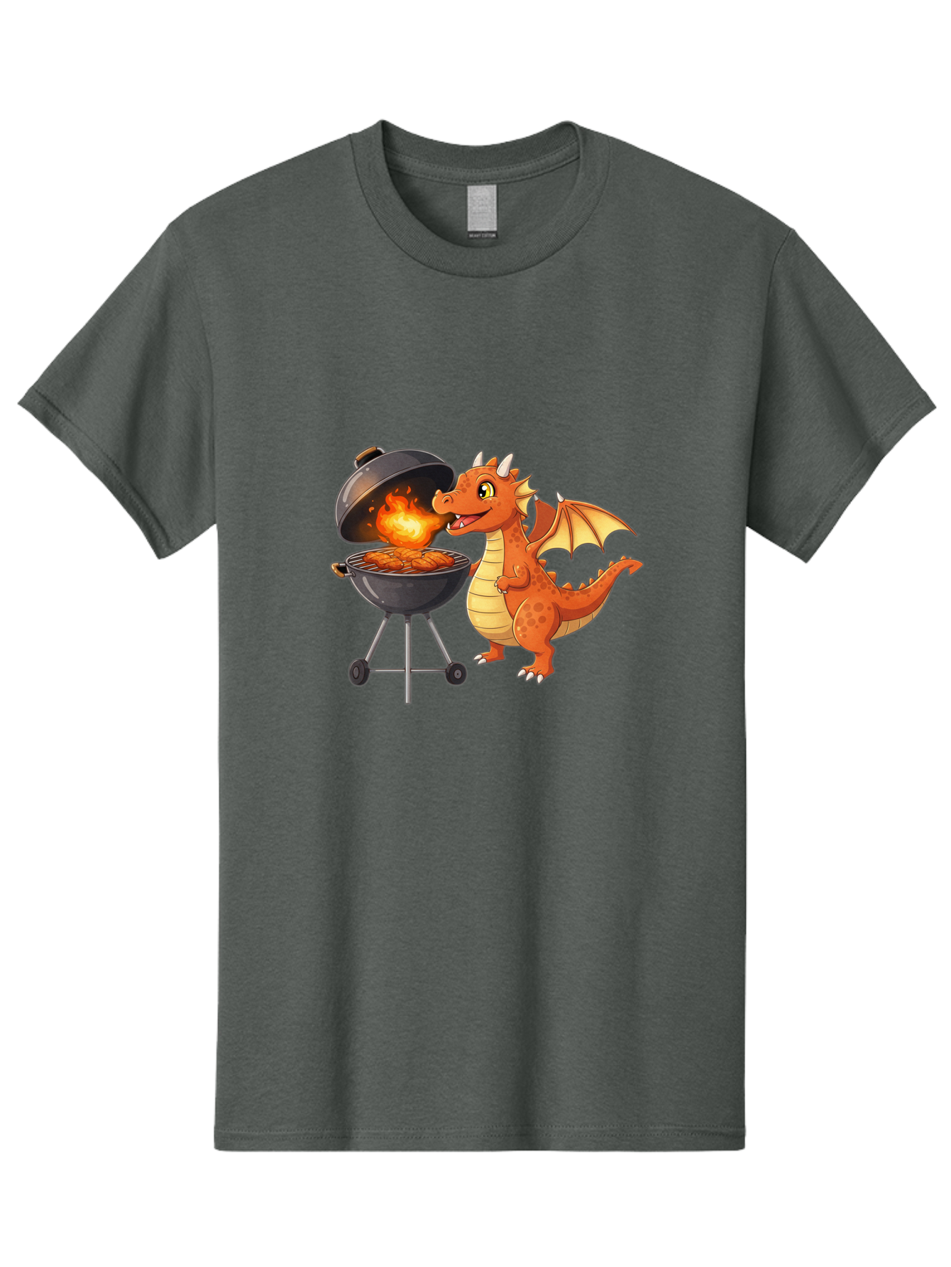 Dragon-Bbq Men'S Graphic Tee, 100% Cotton, Comfortable Casual Summer Wear, Machine Washable, Cartoon Dragon Cooking On Barbecue, Grilling Meat, Fantasy Creature, Humorous Illustration, Fire-Breathing Dragon, Outdoor Cooking Bab885