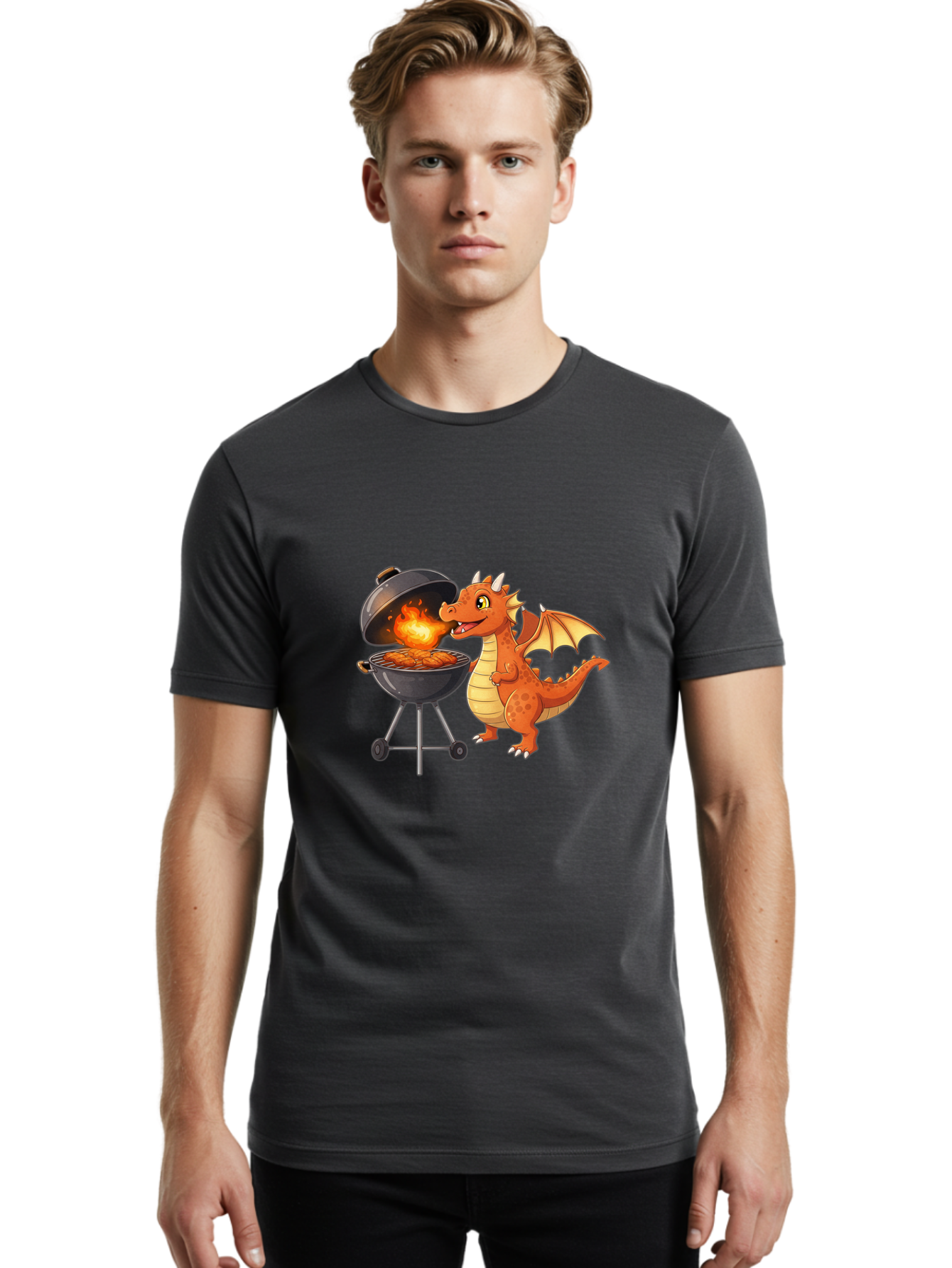 Dragon-Bbq Men'S Graphic Tee, 100% Cotton, Comfortable Casual Summer Wear, Machine Washable, Cartoon Dragon Cooking On Barbecue, Grilling Meat, Fantasy Creature, Humorous Illustration, Fire-Breathing Dragon, Outdoor Cooking Bab885