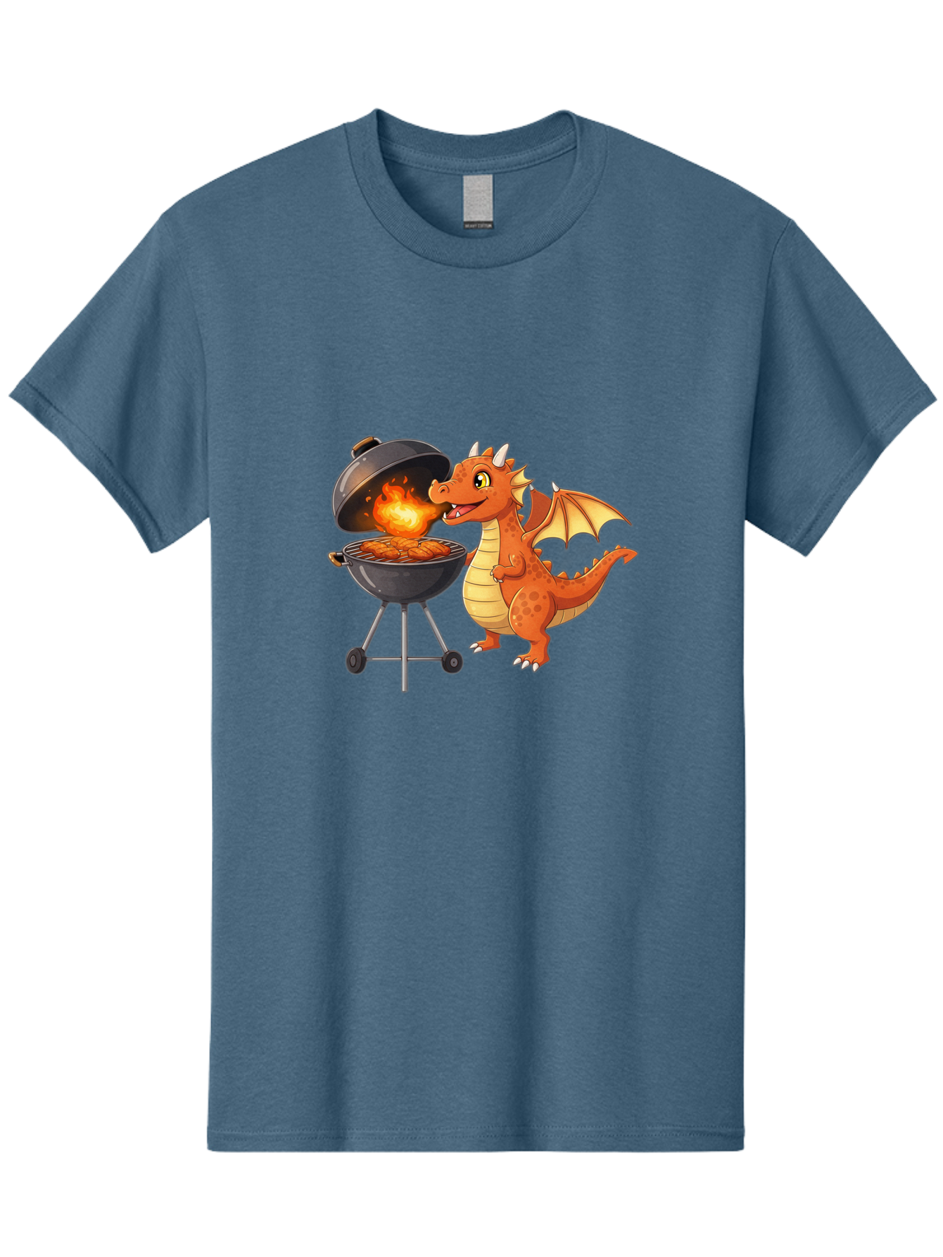 Dragon-Bbq Men'S Graphic Tee, 100% Cotton, Comfortable Casual Summer Wear, Machine Washable, Cartoon Dragon Cooking On Barbecue, Grilling Meat, Fantasy Creature, Humorous Illustration, Fire-Breathing Dragon, Outdoor Cooking Bab885