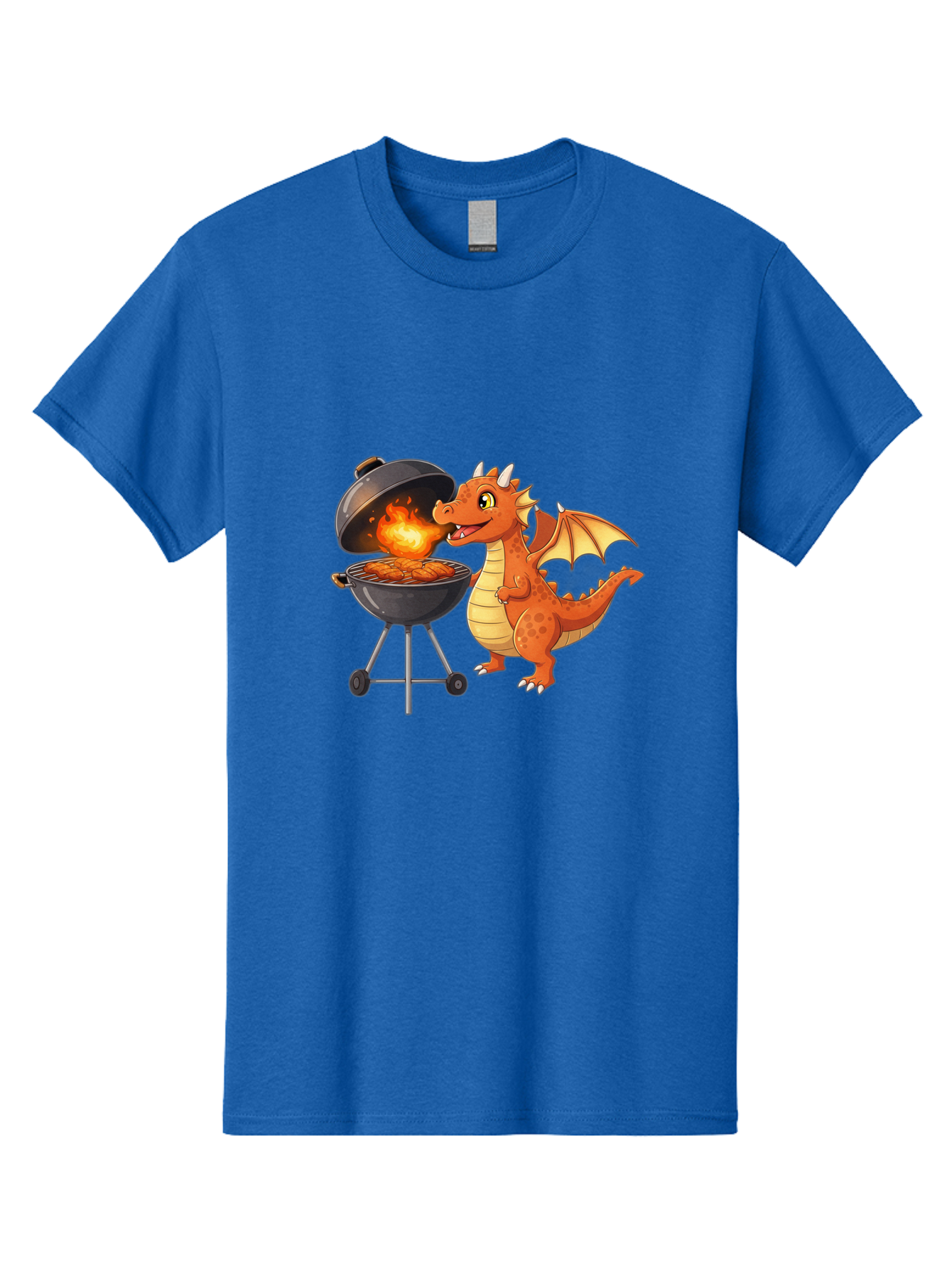 Dragon-Bbq Men'S Graphic Tee, 100% Cotton, Comfortable Casual Summer Wear, Machine Washable, Cartoon Dragon Cooking On Barbecue, Grilling Meat, Fantasy Creature, Humorous Illustration, Fire-Breathing Dragon, Outdoor Cooking Bab885