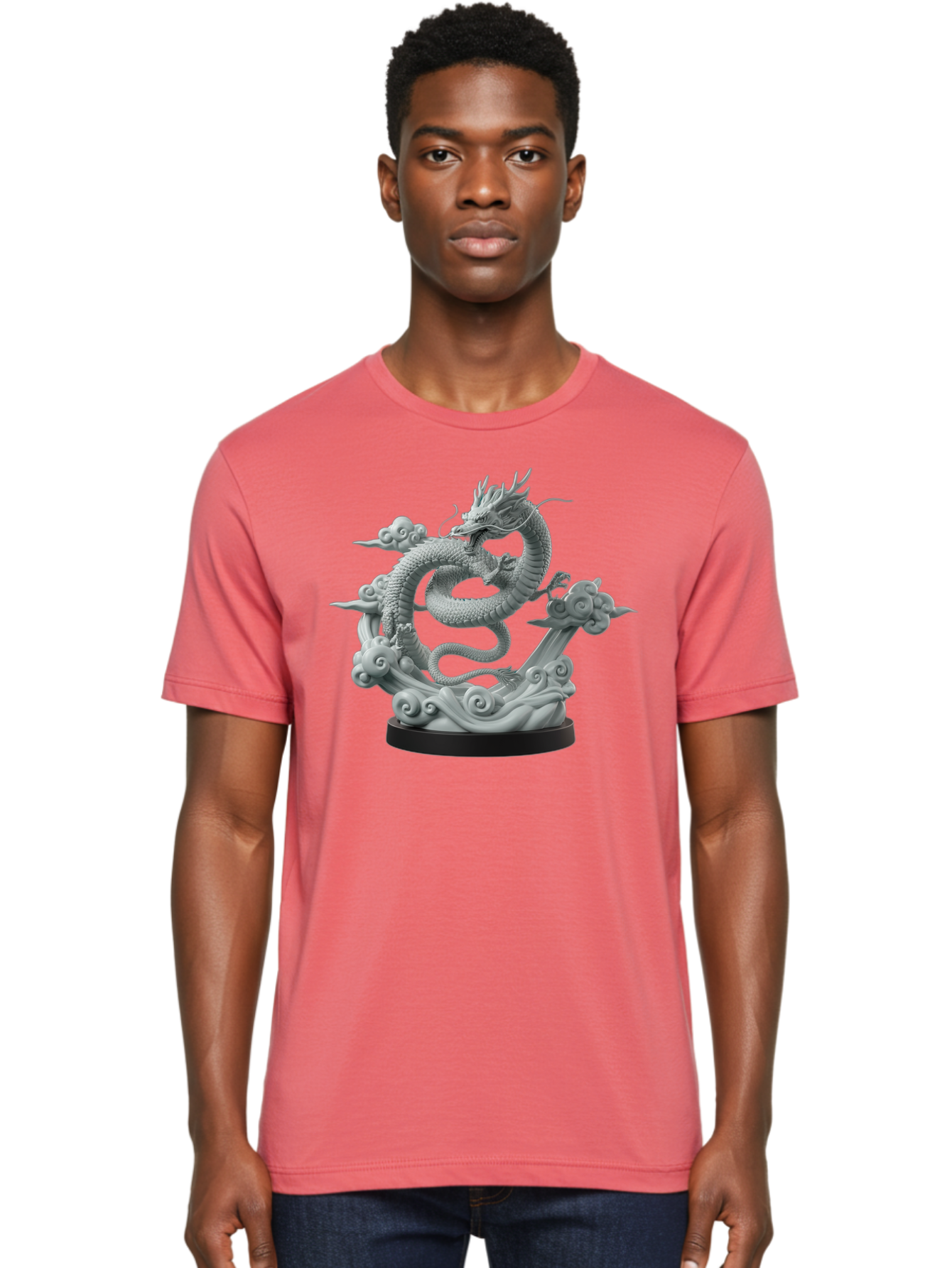 Dragon-Statue Men'S Graphic Tee, 100% Cotton, Comfortable Casual Summer Wear, Machine Washable, Dragon Sculpture, Mythical Creature, Chinese Culture, Figurine, 3D Model, Artistic Design, Symbolic Art, Decorative Figurine, Gray Stone Texture, Bab886