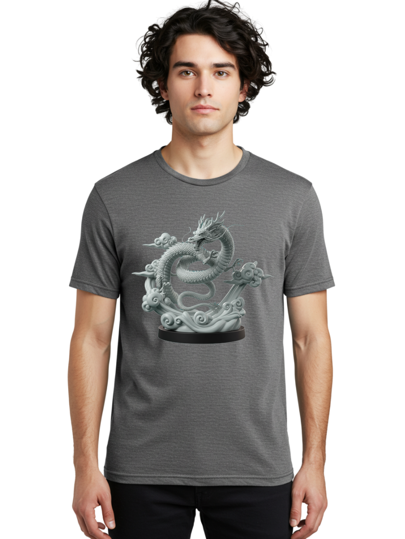 Dragon-Statue Men'S Graphic Tee, 100% Cotton, Comfortable Casual Summer Wear, Machine Washable, Dragon Sculpture, Mythical Creature, Chinese Culture, Figurine, 3D Model, Artistic Design, Symbolic Art, Decorative Figurine, Gray Stone Texture, Bab886