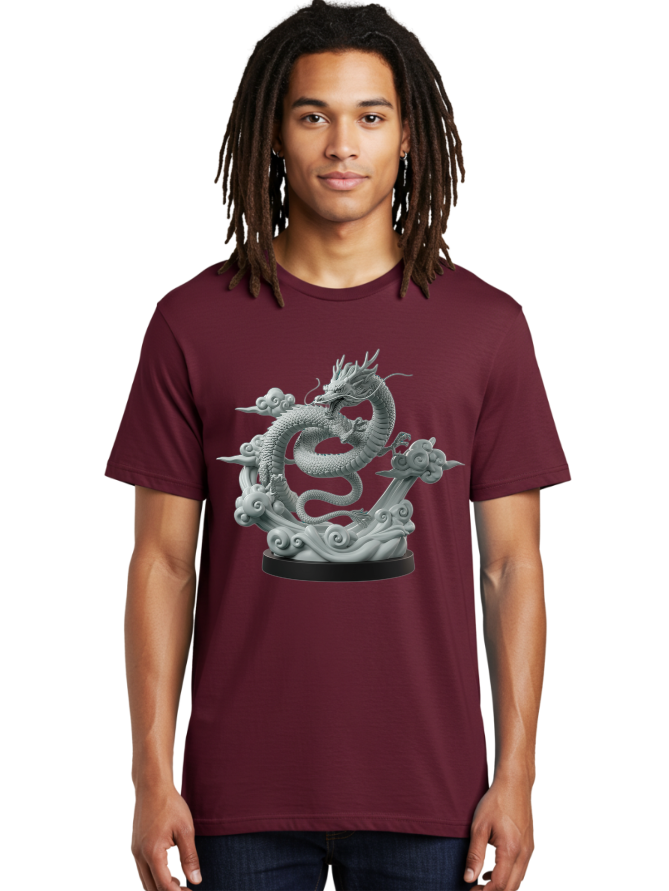 Dragon-Statue Men'S Graphic Tee, 100% Cotton, Comfortable Casual Summer Wear, Machine Washable, Dragon Sculpture, Mythical Creature, Chinese Culture, Figurine, 3D Model, Artistic Design, Symbolic Art, Decorative Figurine, Gray Stone Texture, Bab886