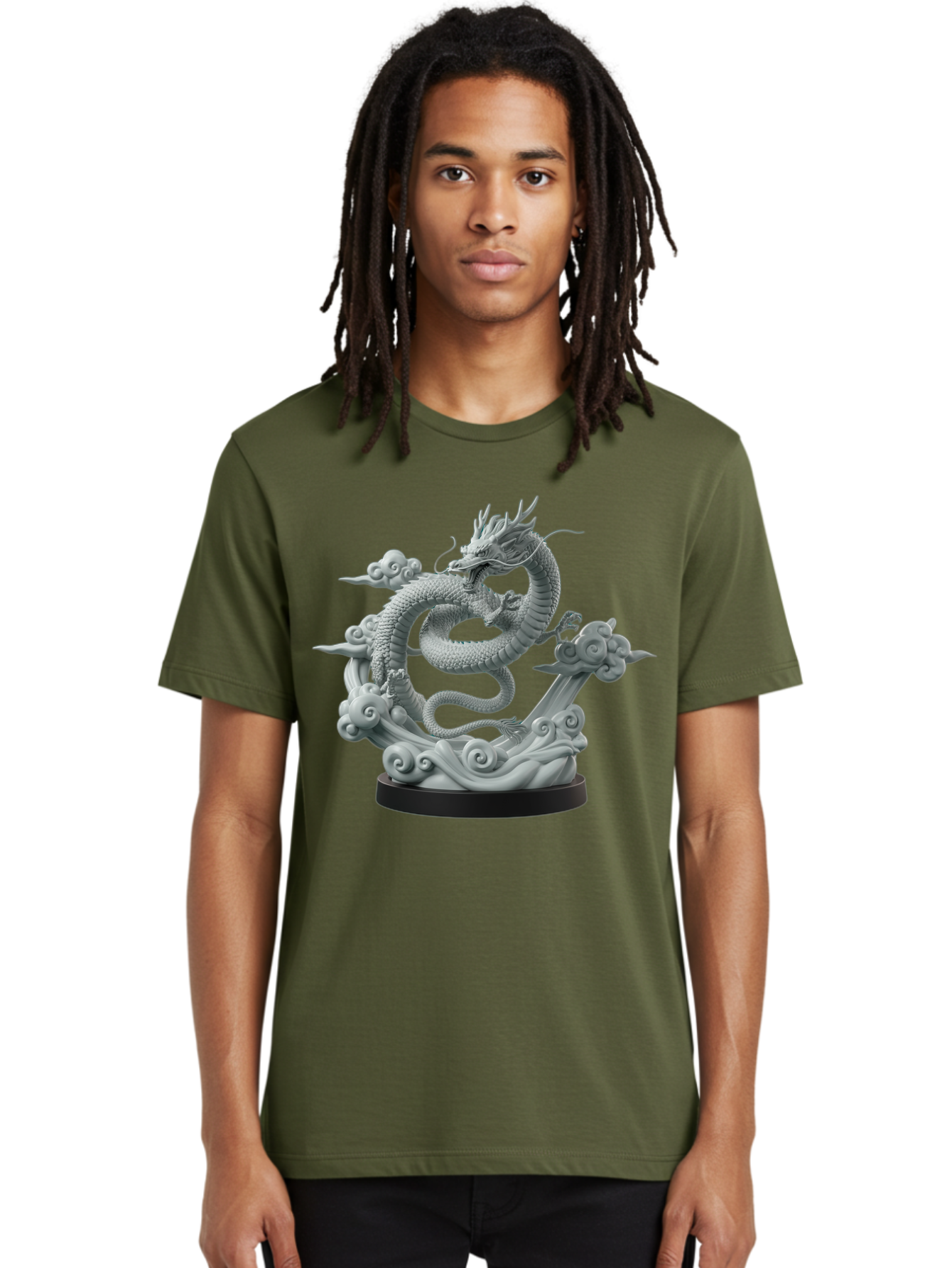 Dragon-Statue Men'S Graphic Tee, 100% Cotton, Comfortable Casual Summer Wear, Machine Washable, Dragon Sculpture, Mythical Creature, Chinese Culture, Figurine, 3D Model, Artistic Design, Symbolic Art, Decorative Figurine, Gray Stone Texture, Bab886