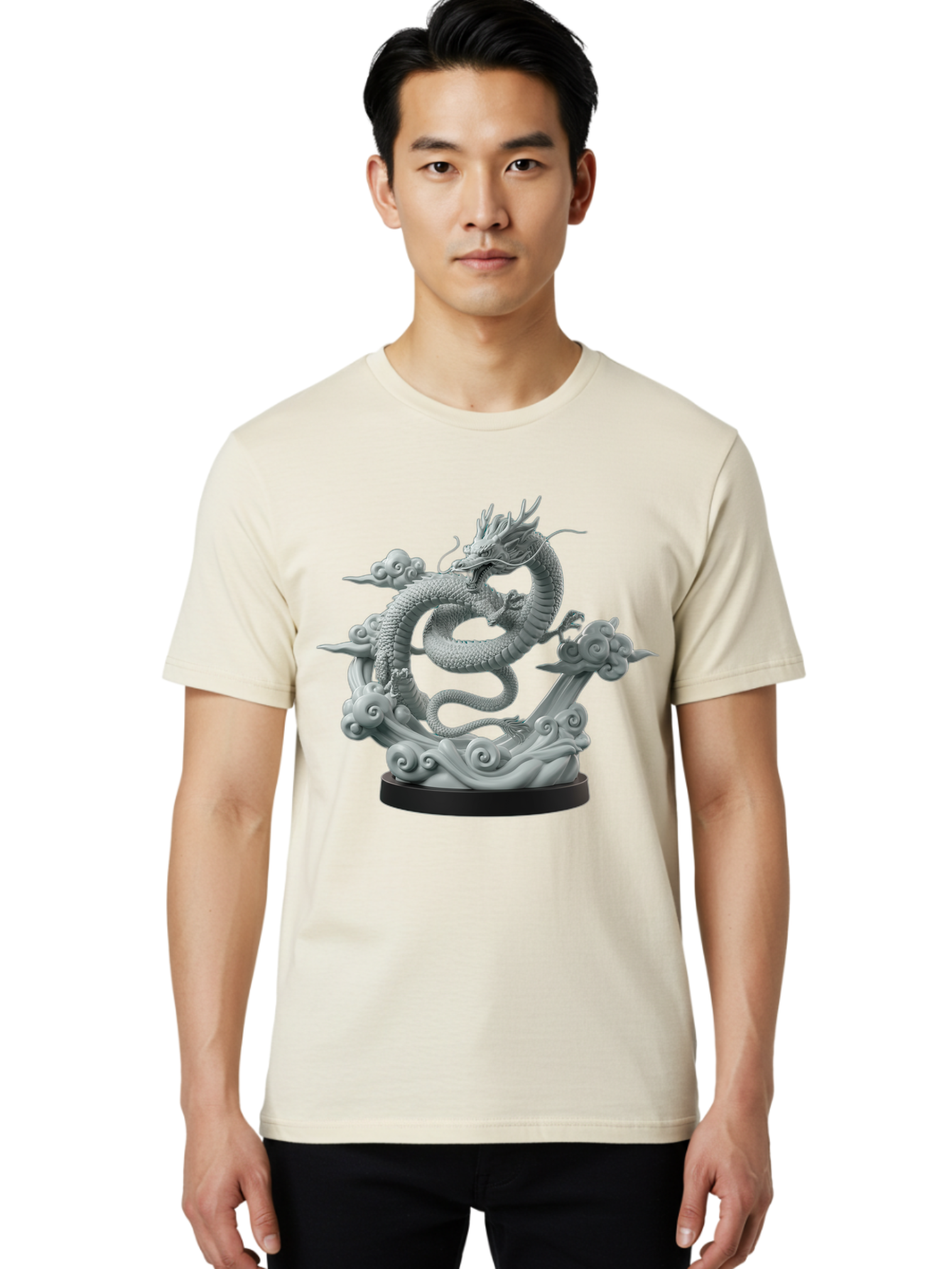 Dragon-Statue Men'S Graphic Tee, 100% Cotton, Comfortable Casual Summer Wear, Machine Washable, Dragon Sculpture, Mythical Creature, Chinese Culture, Figurine, 3D Model, Artistic Design, Symbolic Art, Decorative Figurine, Gray Stone Texture, Bab886